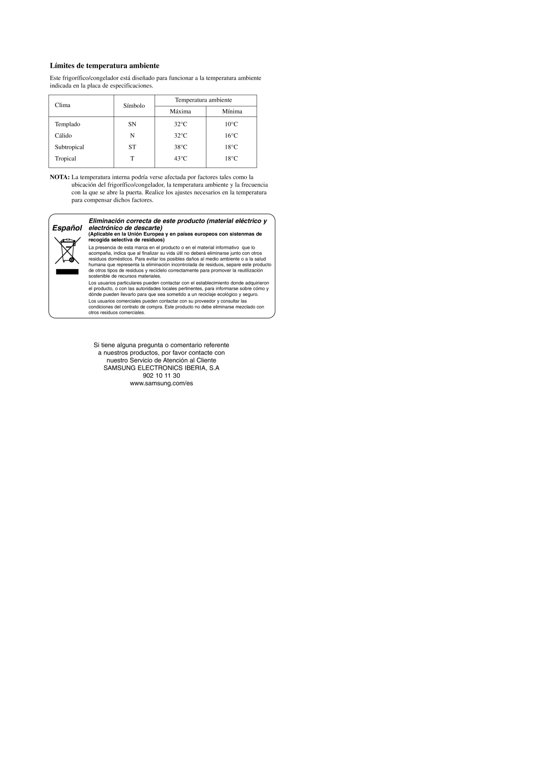 Samsung SN629EPPSQ/XES manual Límites de temperatura ambiente 