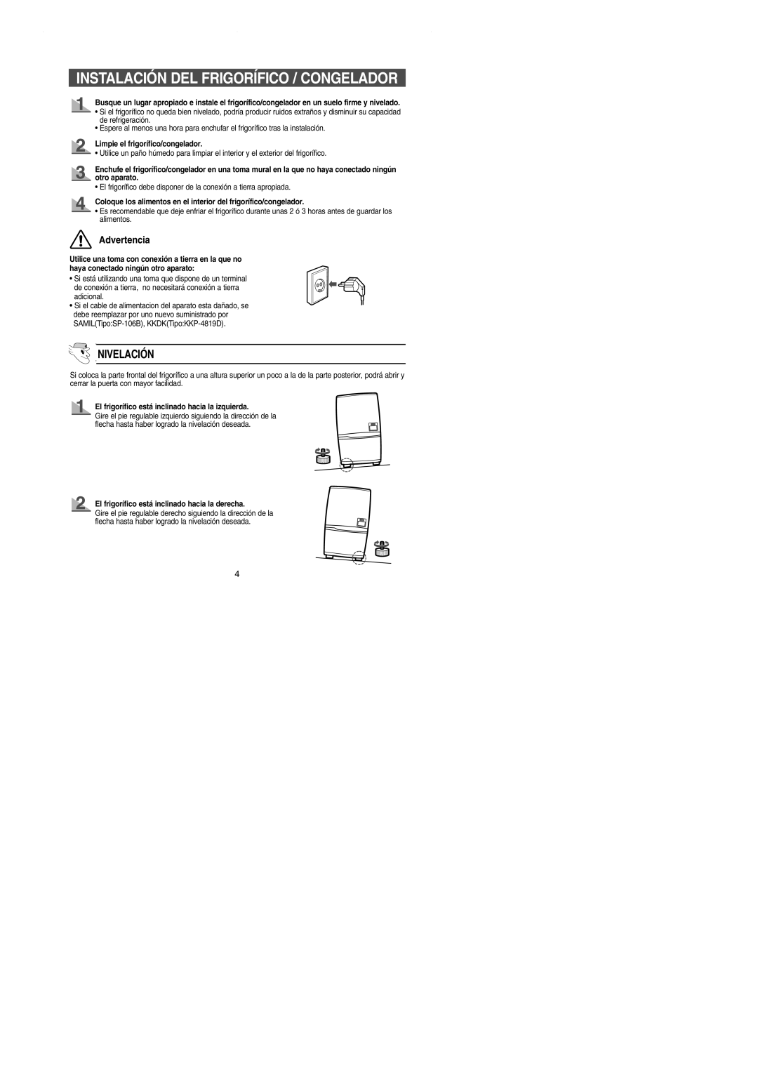 Samsung SN629EPPSQ/XES Nivelación, Limpie el frigorífico/congelador, El frigorífico está inclinado hacia la izquierda 