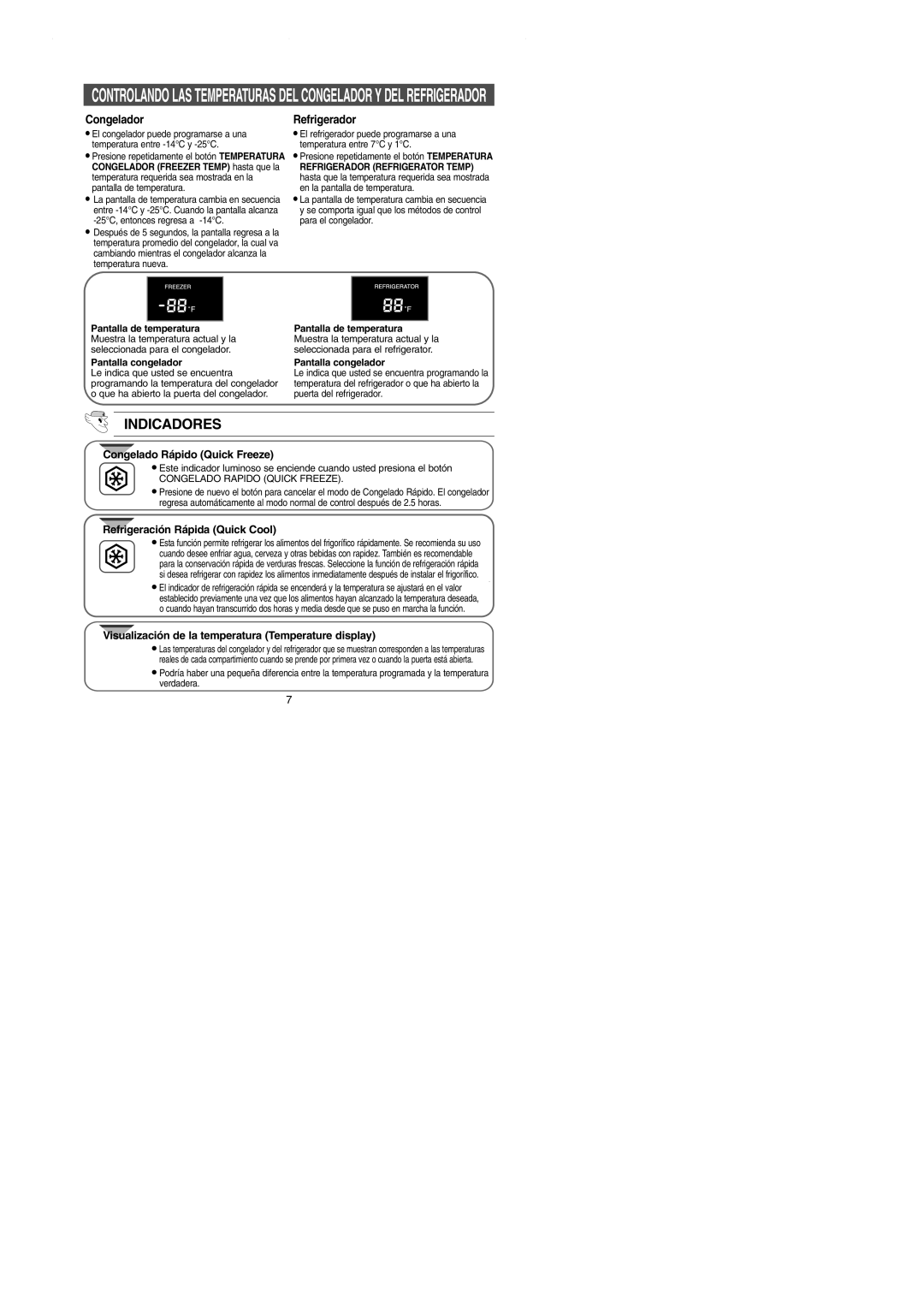 Samsung SN629EPPSQ/XES manual Indicadores, Pantalla congelador 