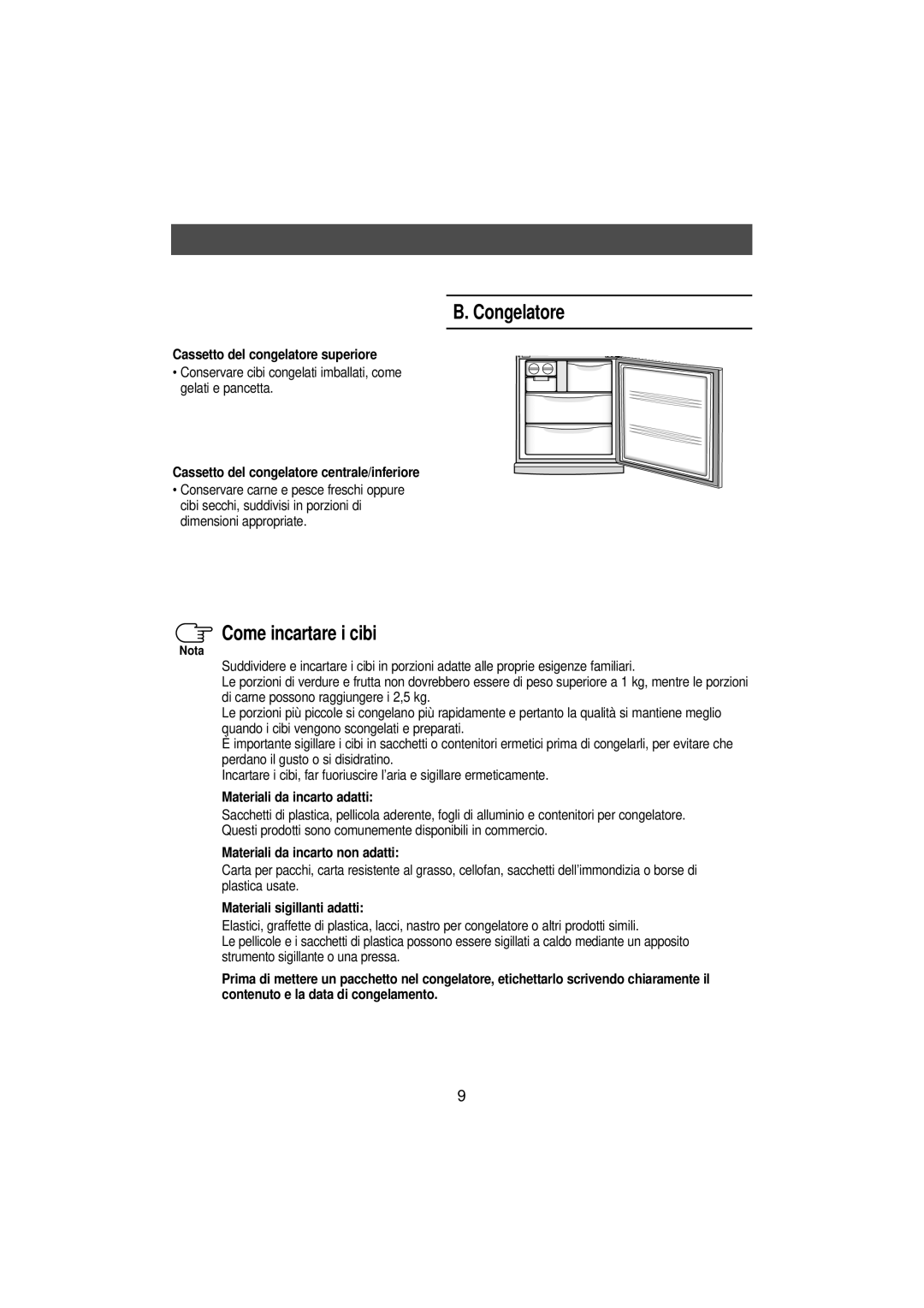 Samsung SN679EPPSQ/XET manual Congelatore, Come incartare i cibi 