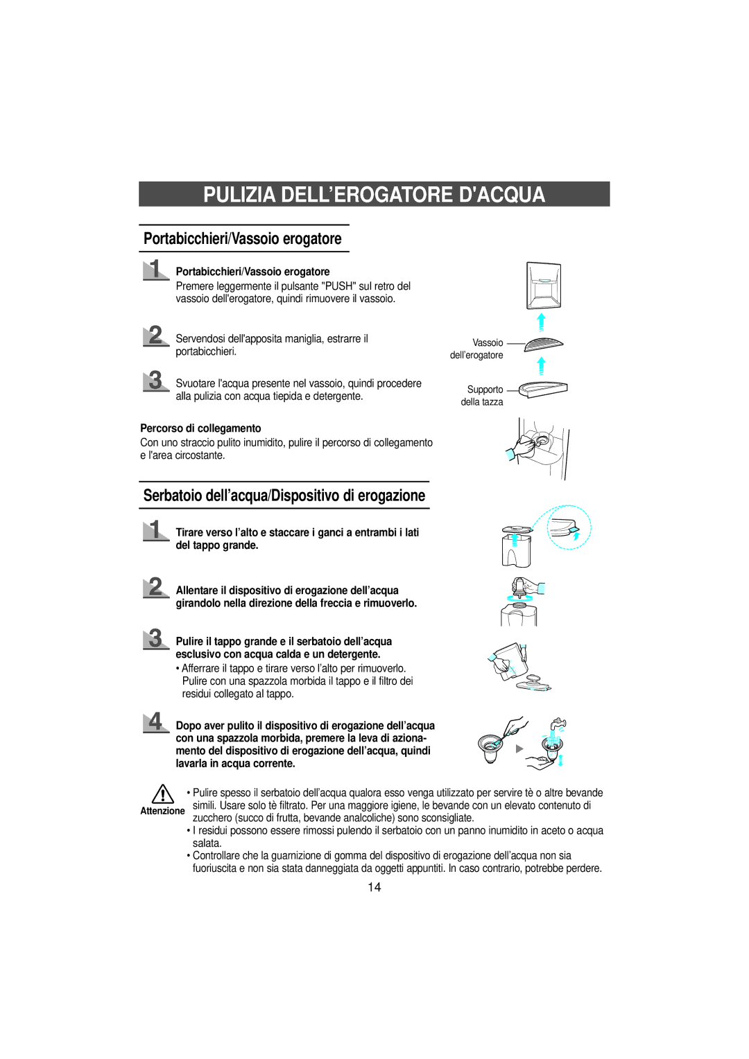 Samsung SN679EPPSQ/XET manual Pulizia DELL’EROGATORE Dacqua, Portabicchieri/Vassoio erogatore, Percorso di collegamento 