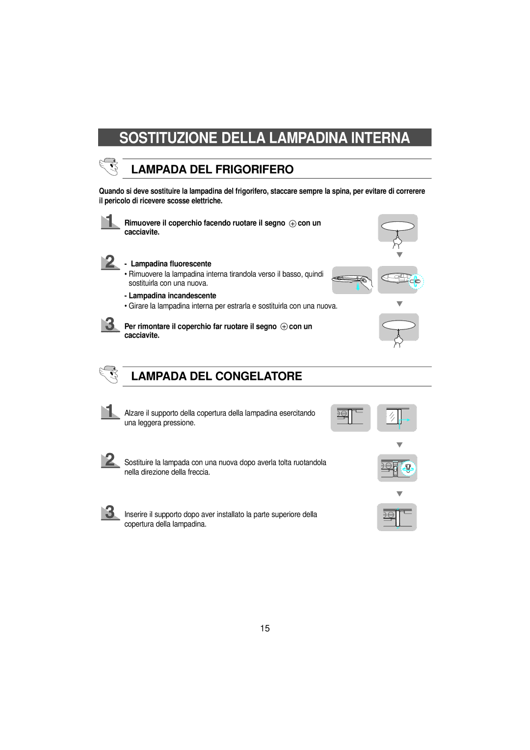 Samsung SN679EPPSQ/XET manual Sostituzione Della Lampadina Interna, Lampada DEL Frigorifero, Lampada DEL Congelatore 