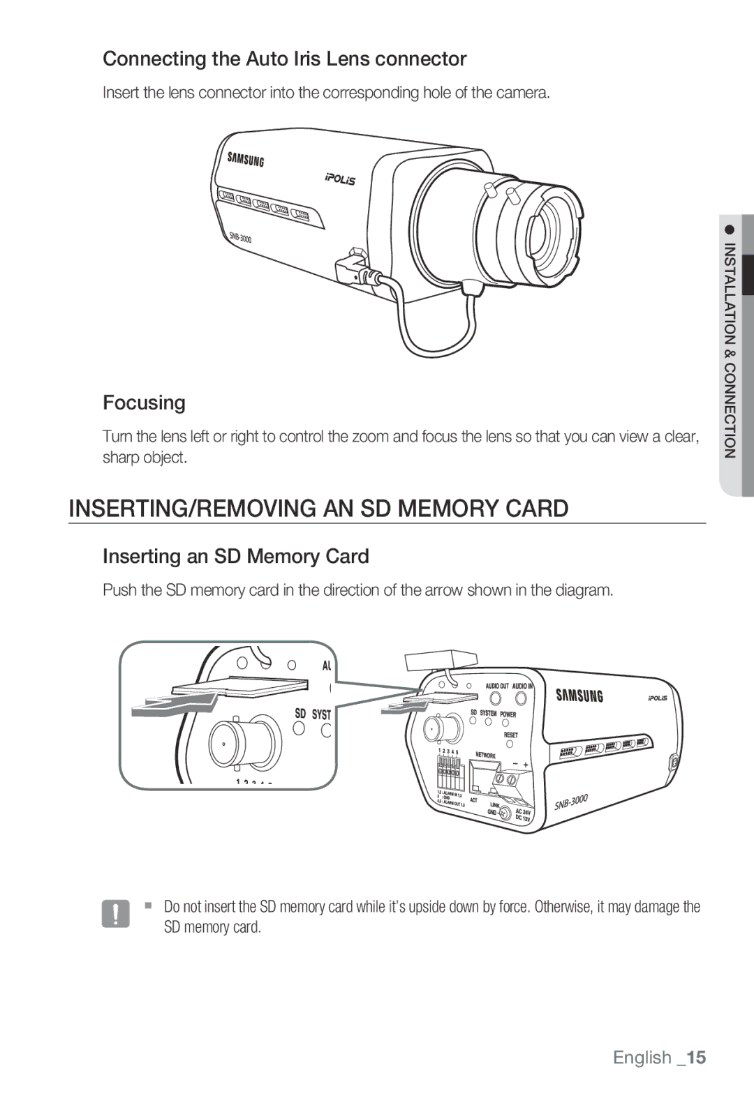 Samsung SNB-3000(P) user manual Inserting/Removing an SD Memory Card, Connecting the Auto Iris Lens connector, Focusing 