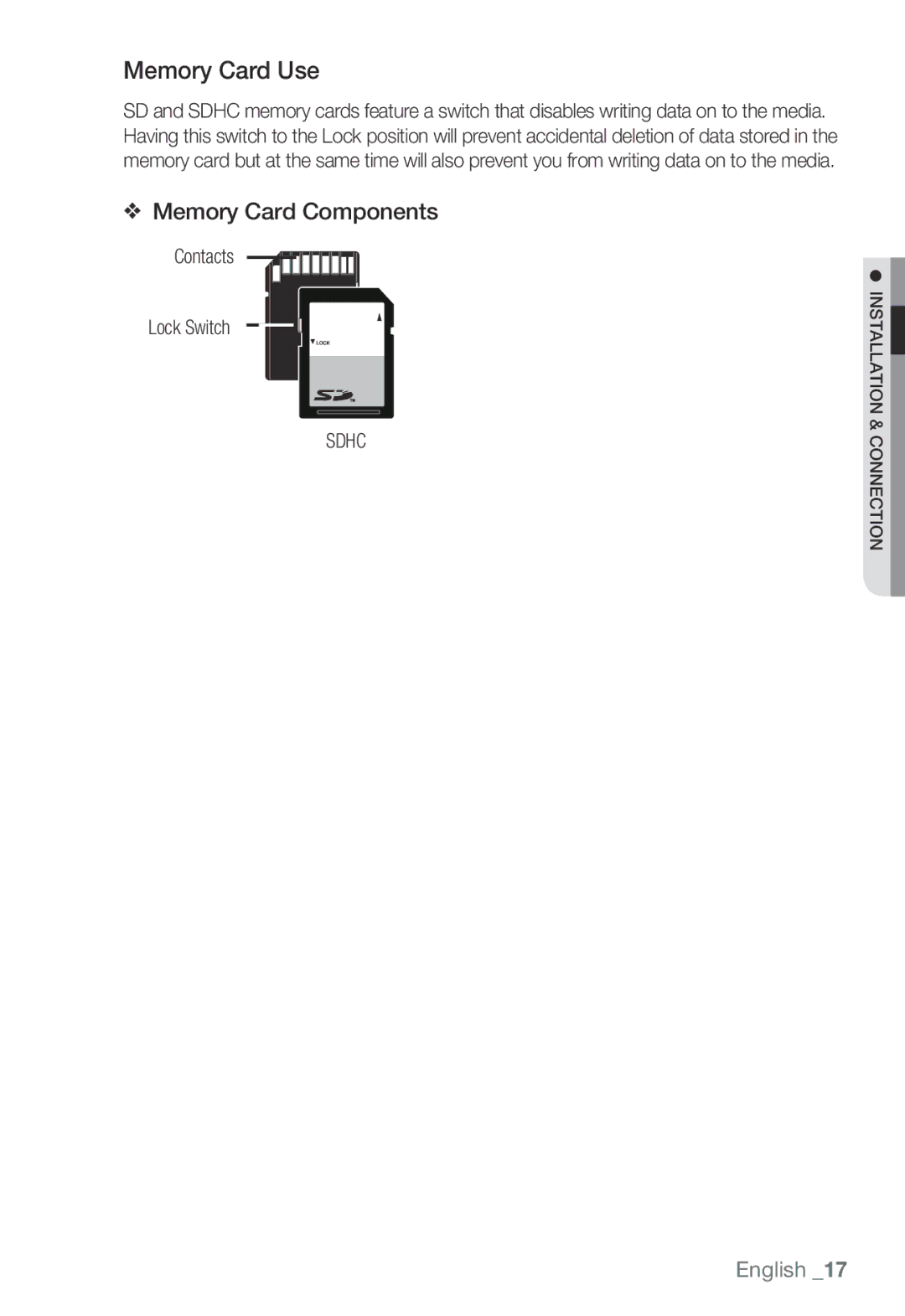 Samsung SNB-3000(P) user manual Memory Card Use, Memory Card Components, Contacts Lock Switch, Sdhc 