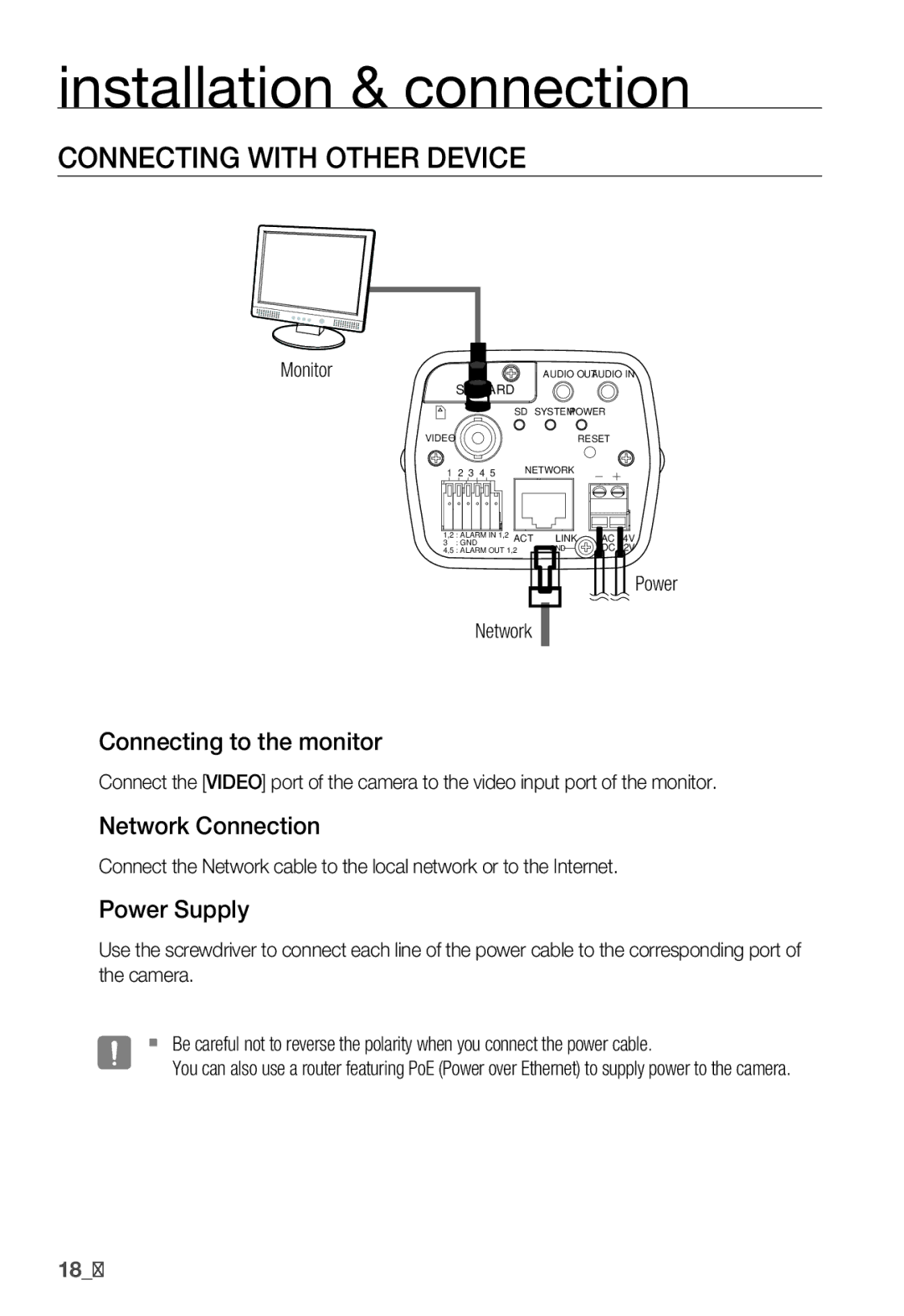 Samsung SNB-3000(P) user manual Connecting with Other Device, Connecting to the monitor, Network Connection, Power Supply 