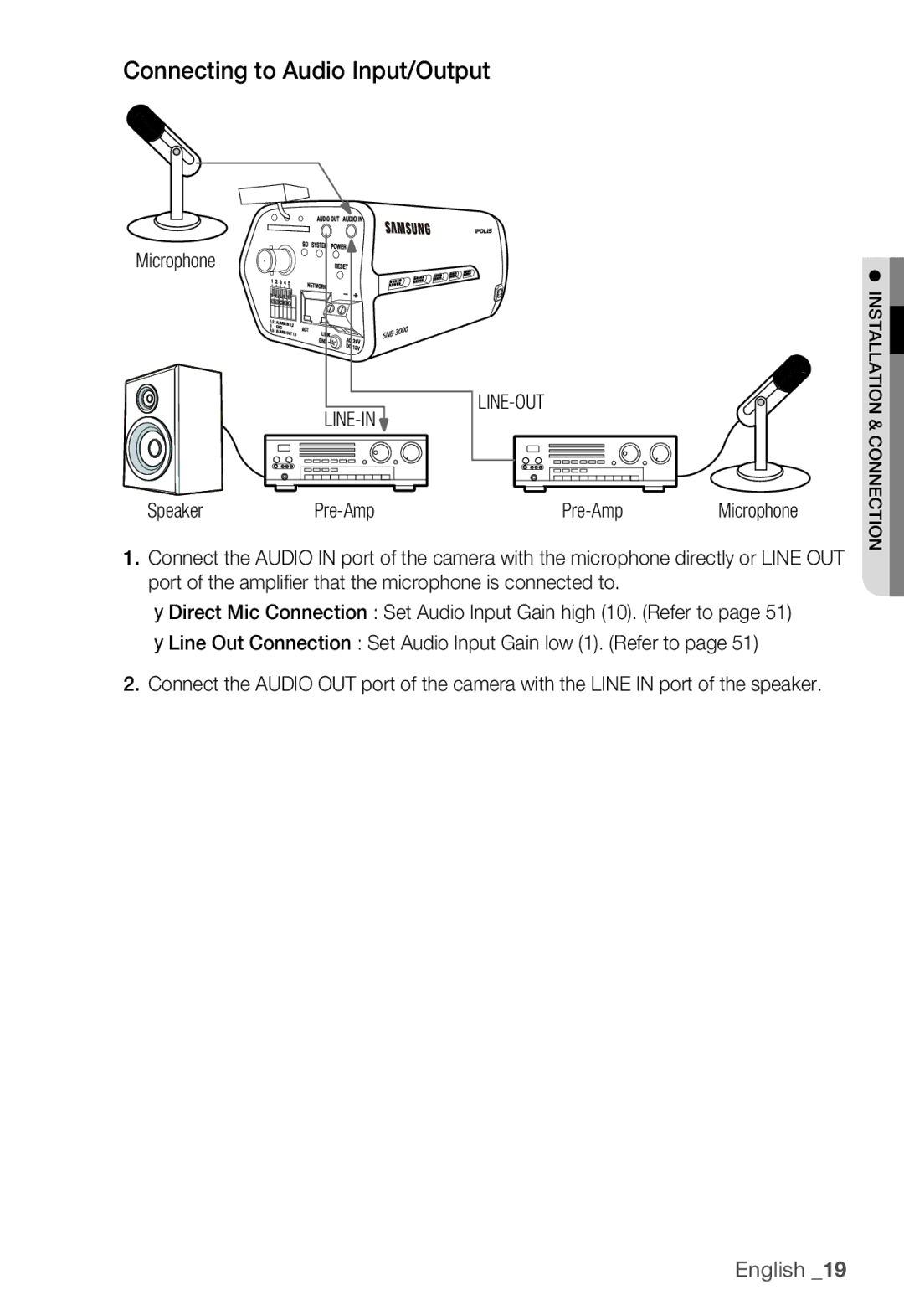 Samsung SNB-3000(P) user manual Connecting to Audio Input/Output, Microphone, Line-In Line-Out, Speaker Pre-Amp 