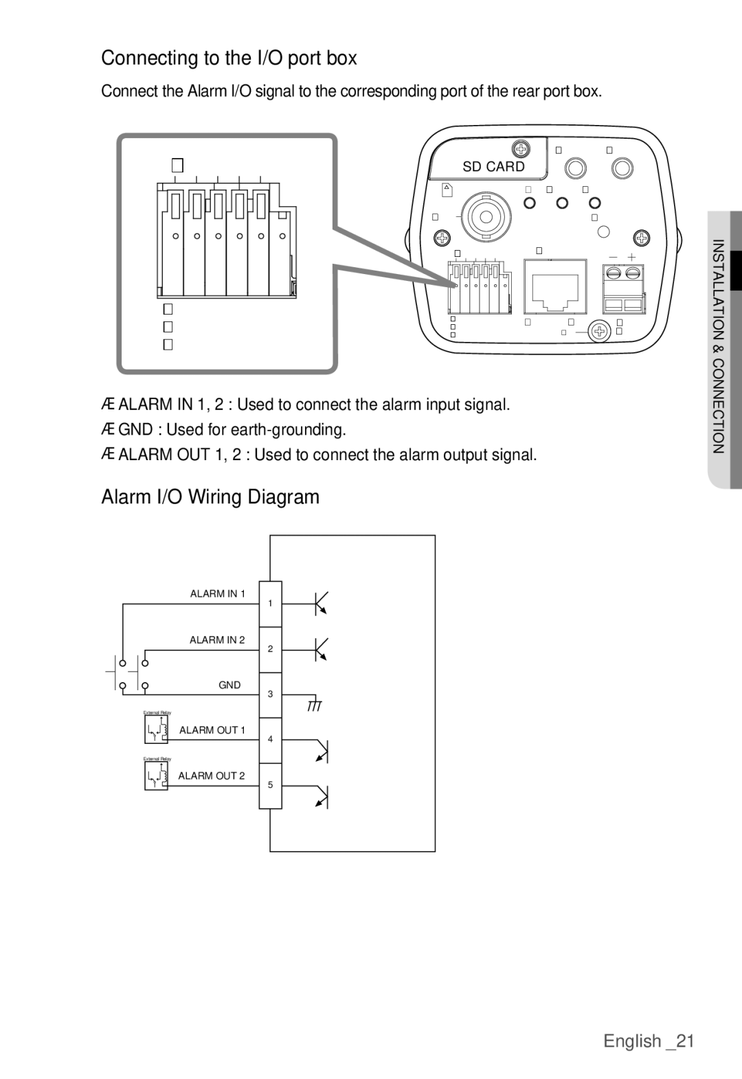 Samsung SNB-3000(P) user manual 3 4, Connecting to the I/O port box, Alarm I/O Wiring Diagram 