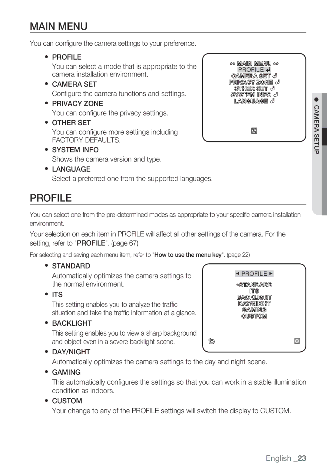 Samsung SNB-3000(P)  Profile,  Camera SET,  Privacy Zone,  Other SET, Factory Defaults  System Info,  Language 