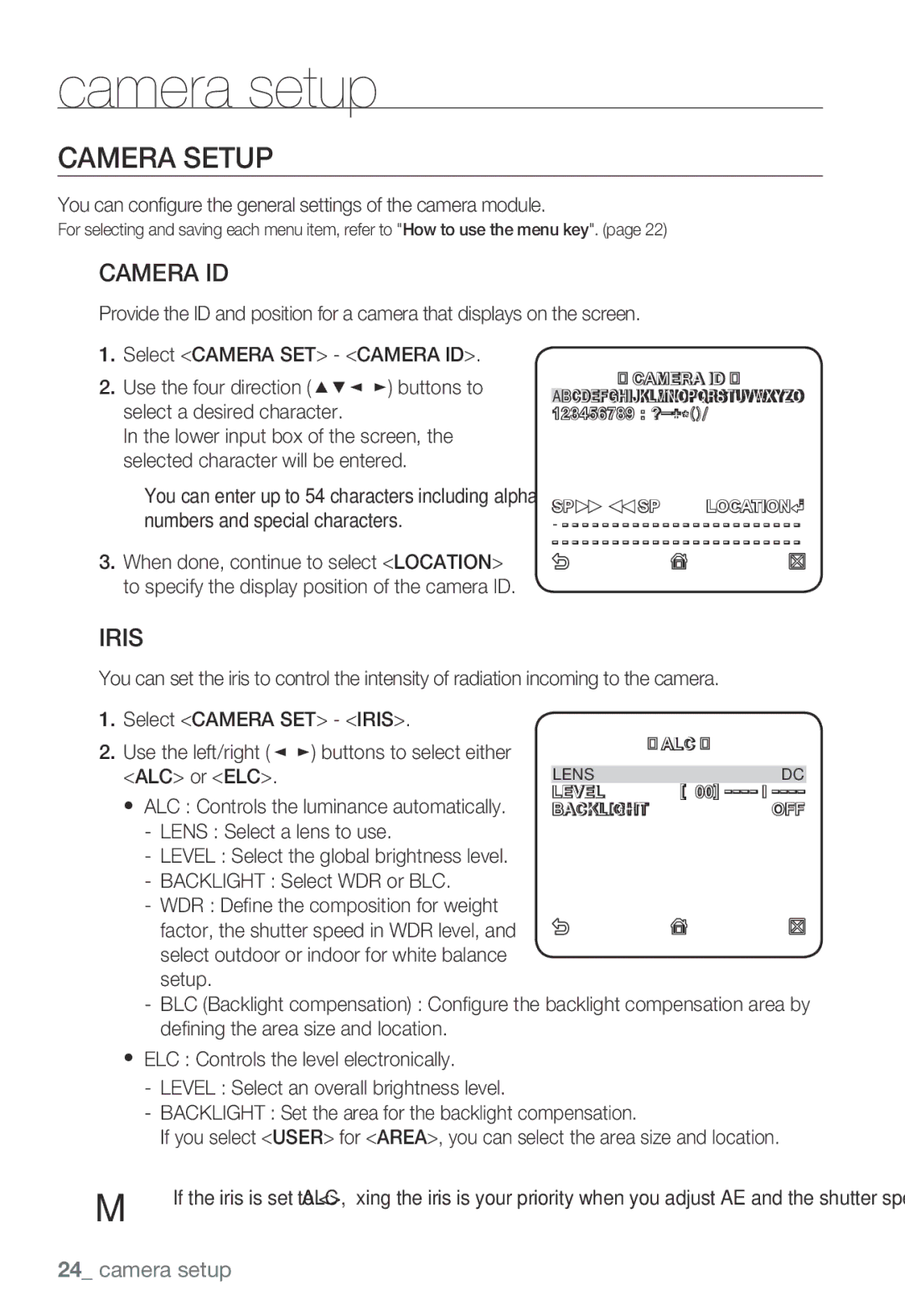 Samsung SNB-3000(P) user manual Camera Setup, Camera ID, Iris 