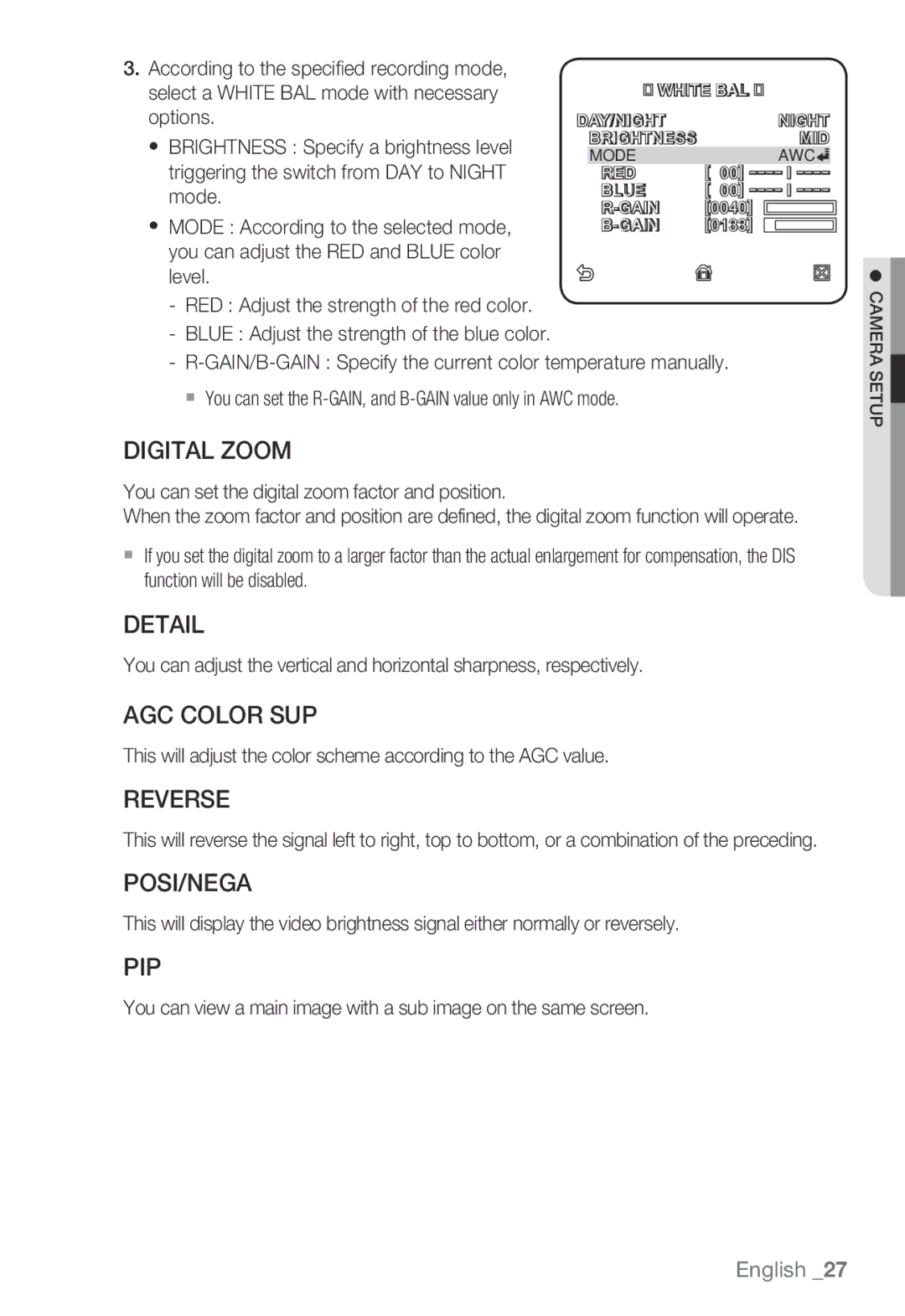 Samsung SNB-3000(P) user manual Digital Zoom, Detail, AGC Color SUP, Reverse, Posi/Nega, Pip 