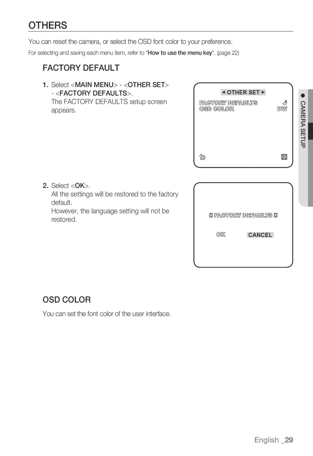 Samsung SNB-3000(P) user manual Others, Factory Default, OSD Color, You can set the font color of the user interface 