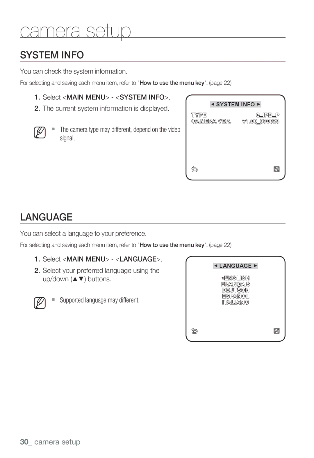 Samsung SNB-3000(P) Language, You can check the system information, Signal, You can select a language to your preference 