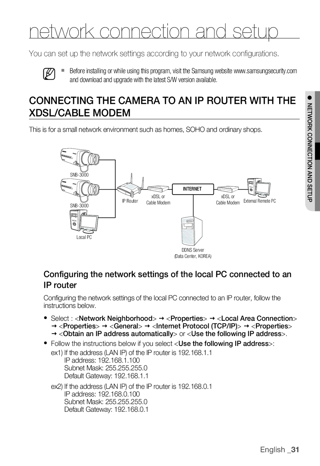 Samsung SNB-3000(P) user manual Network connection and setup, Download and upgrade with the latest S/W version available 