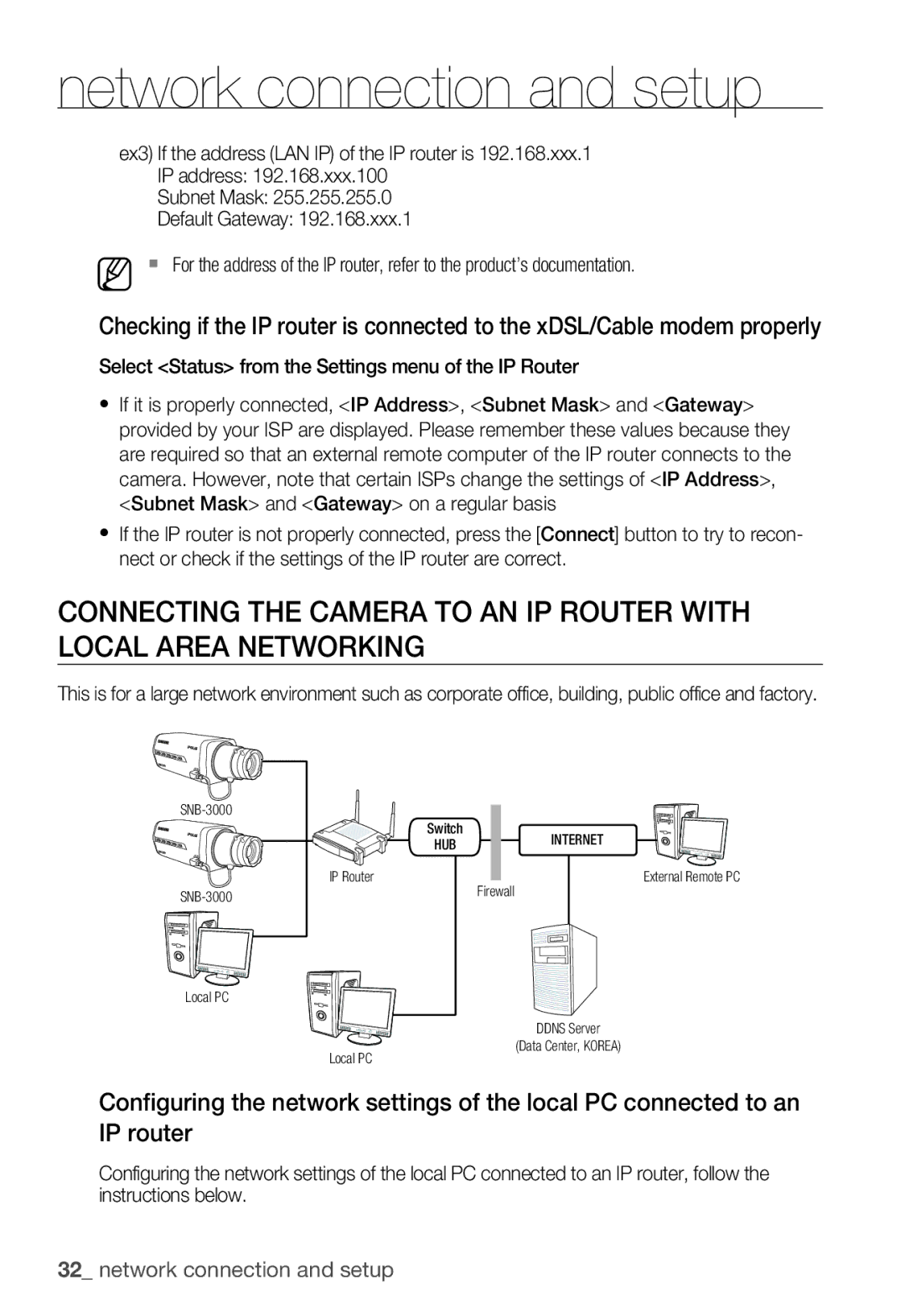 Samsung SNB-3000(P) user manual Network connection and setup, Select Status from the Settings menu of the IP Router 