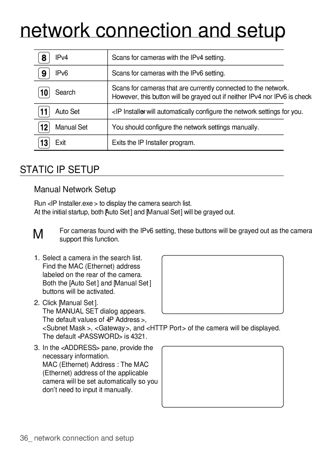 Samsung SNB-3000(P) user manual Static IP Setup, Manual Network Setup, Auto Set, Support this function 