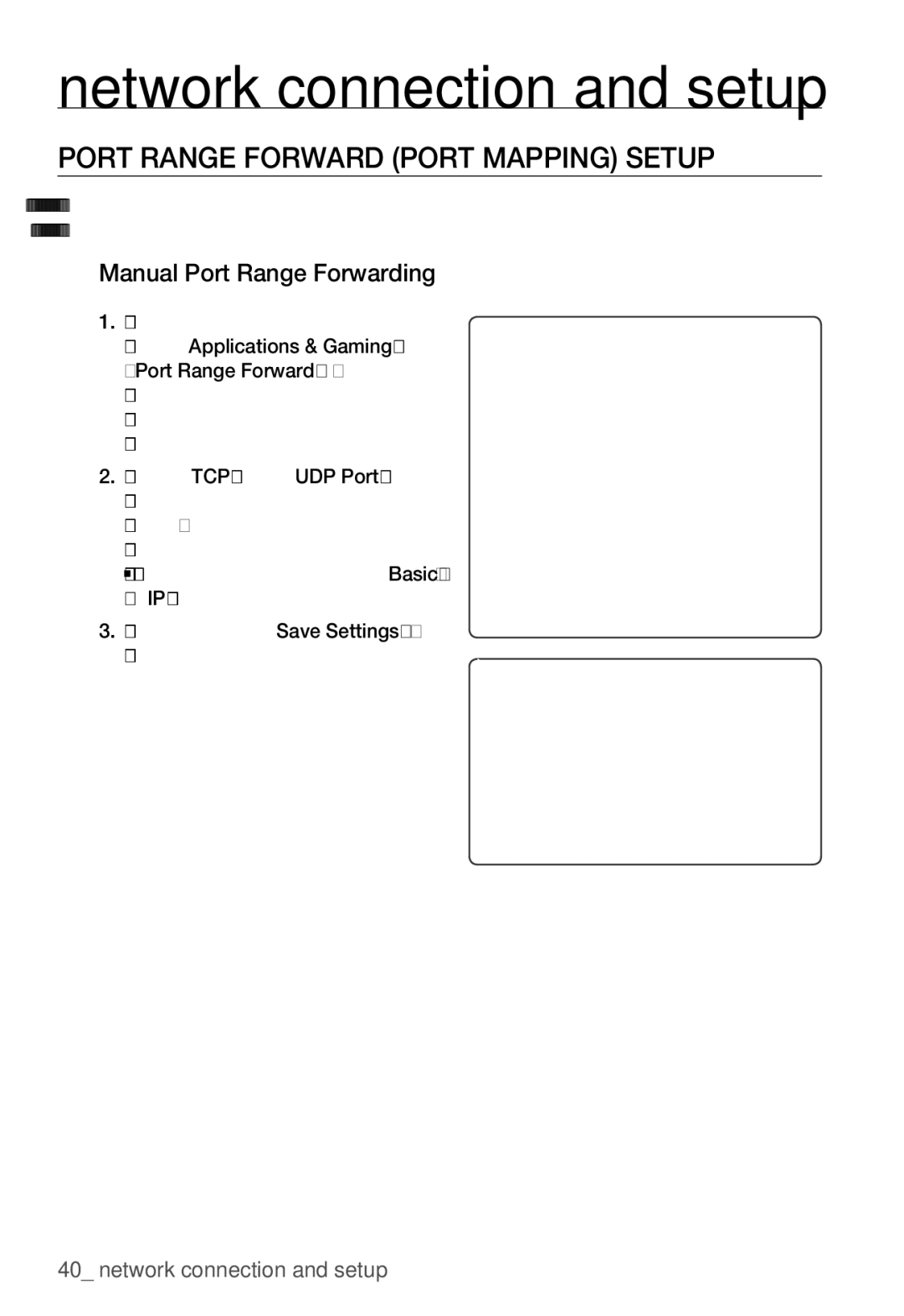 Samsung SNB-3000(P) user manual Port Range Forward Port Mapping Setup, Manual Port Range Forwarding 