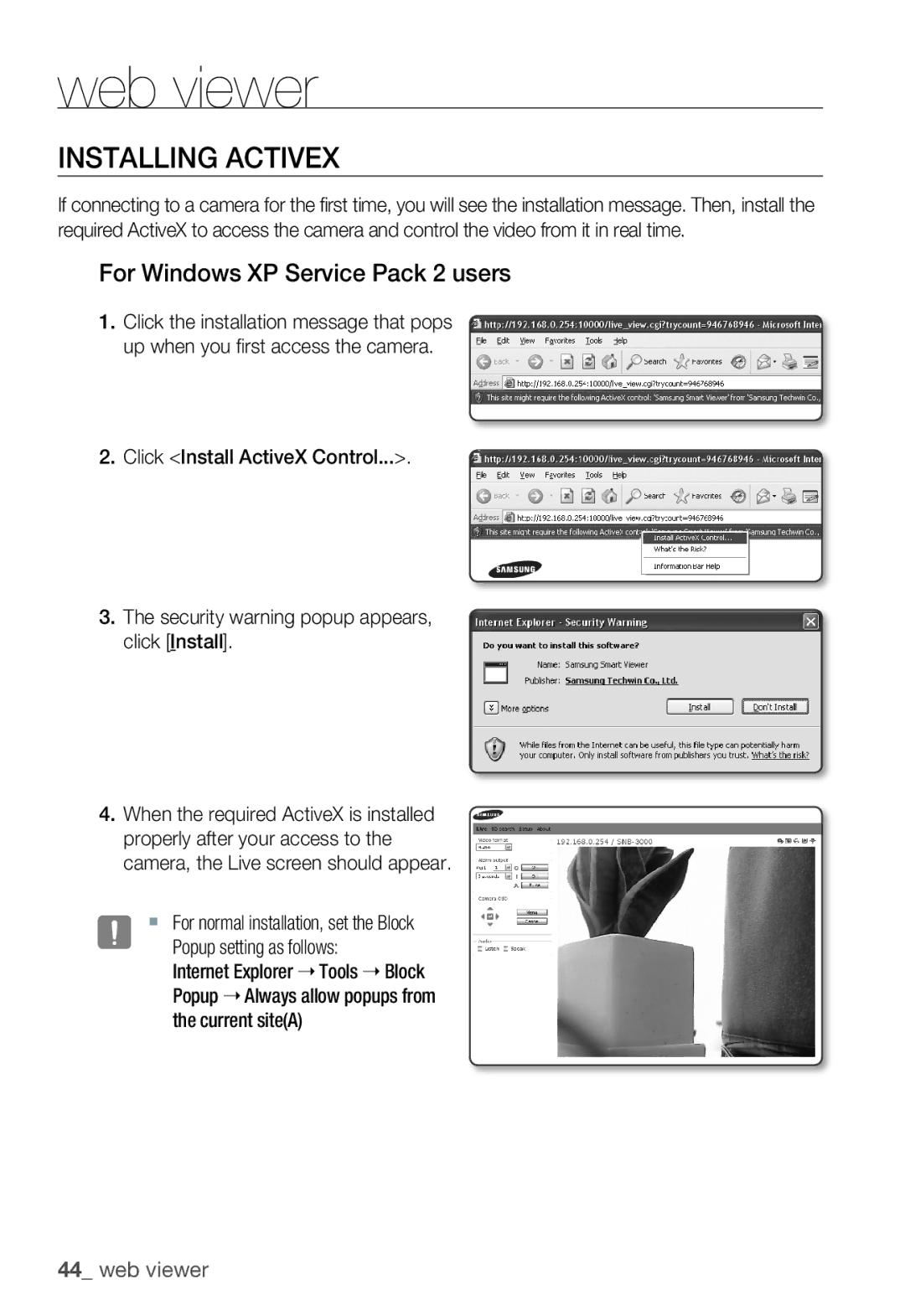 Samsung SNB-3000(P) Installing ActiveX, For Windows XP Service Pack 2 users, Popup setting as follows, Current siteA 