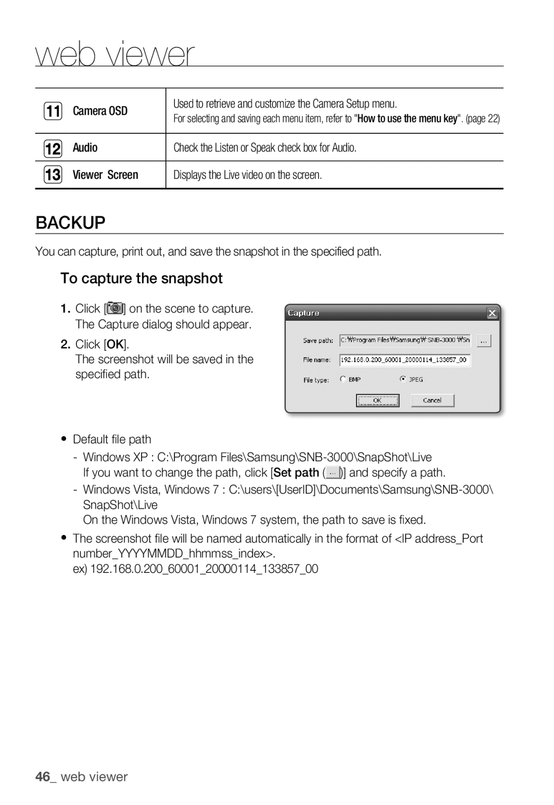 Samsung SNB-3000(P) user manual Backup, To capture the snapshot 