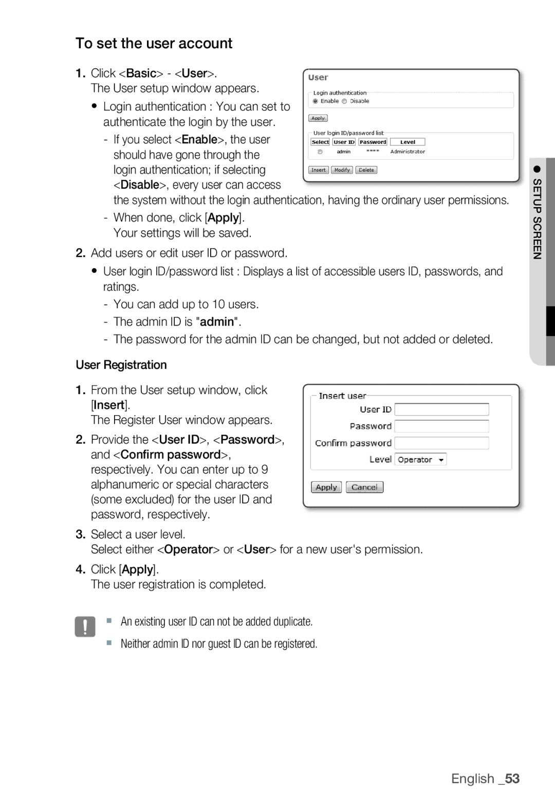 Samsung SNB-3000(P) user manual To set the user account, Click Basic User User setup window appears 