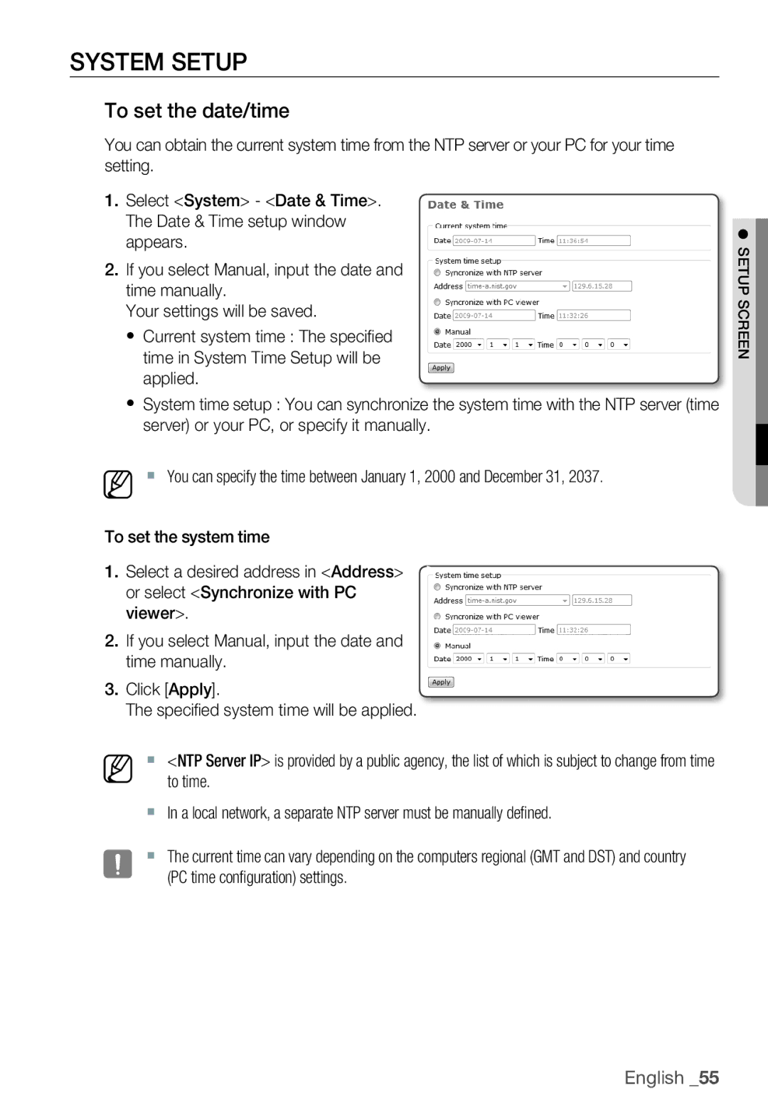 Samsung SNB-3000(P) user manual To set the date/time, To time, PC time configuration settings 