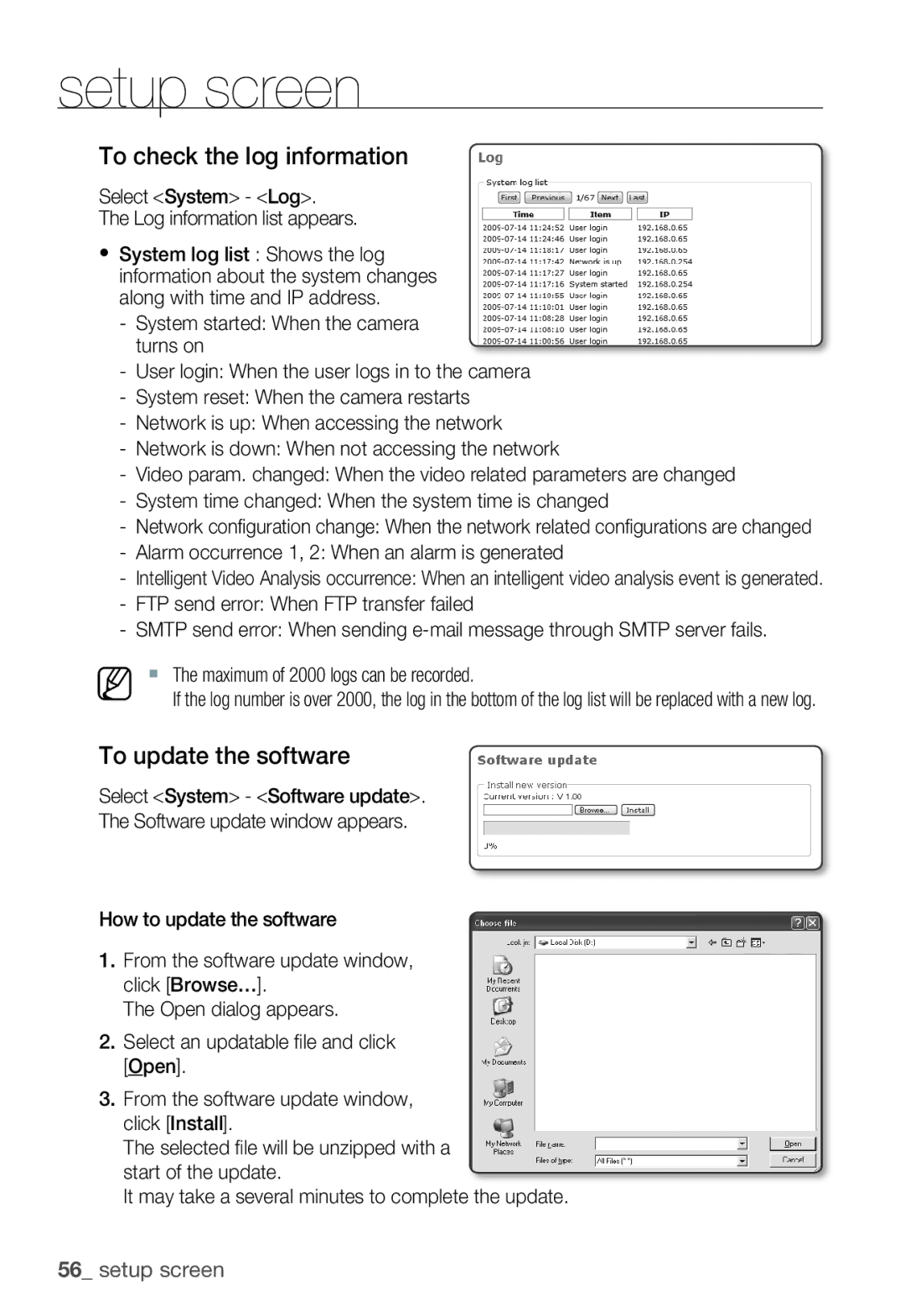 Samsung SNB-3000(P) To check the log information, To update the software, Select system log Log information list appears 