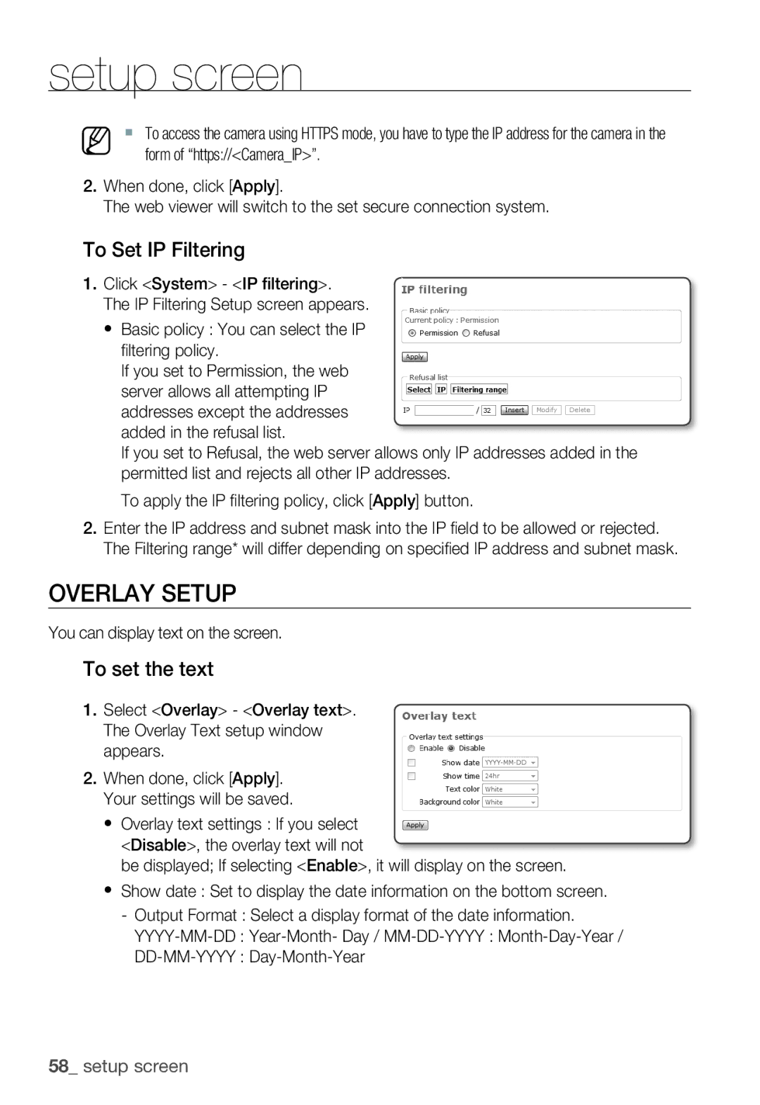 Samsung SNB-3000(P) user manual Overlay Setup, To Set IP Filtering, To set the text, Form of https//CameraIP 