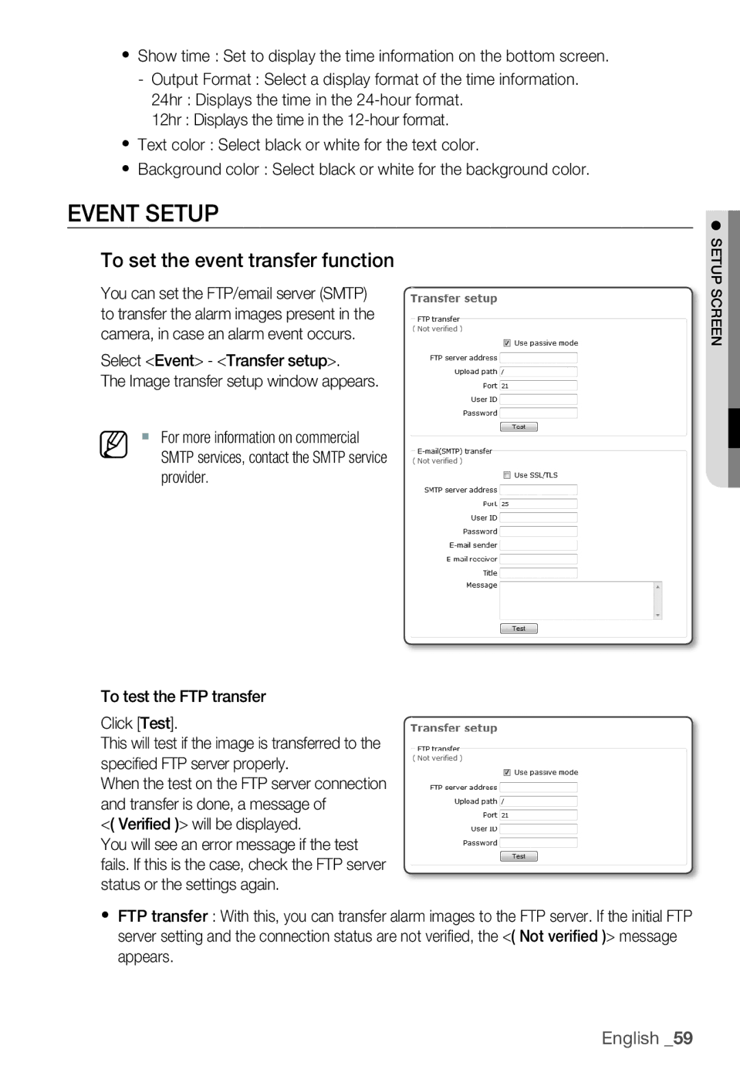 Samsung SNB-3000(P) Event Setup, To set the event transfer function, Provider, To test the FTP transfer Click Test 