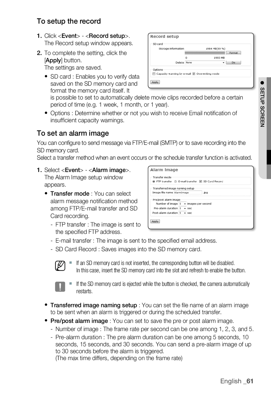 Samsung SNB-3000(P) user manual To setup the record, To set an alarm image 