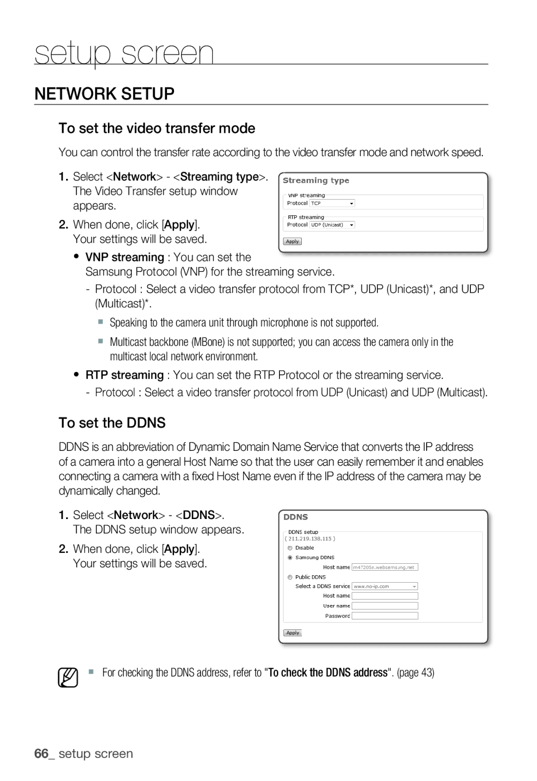 Samsung SNB-3000(P) user manual Network Setup, To set the video transfer mode, To set the Ddns 