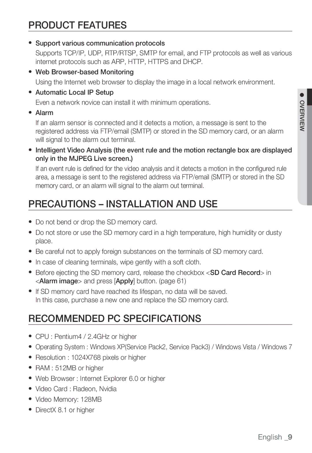 Samsung SNB-3000(P) user manual Product Features, Precautions Installation and Use,  CPU Pentium4 / 2.4GHz or higher 