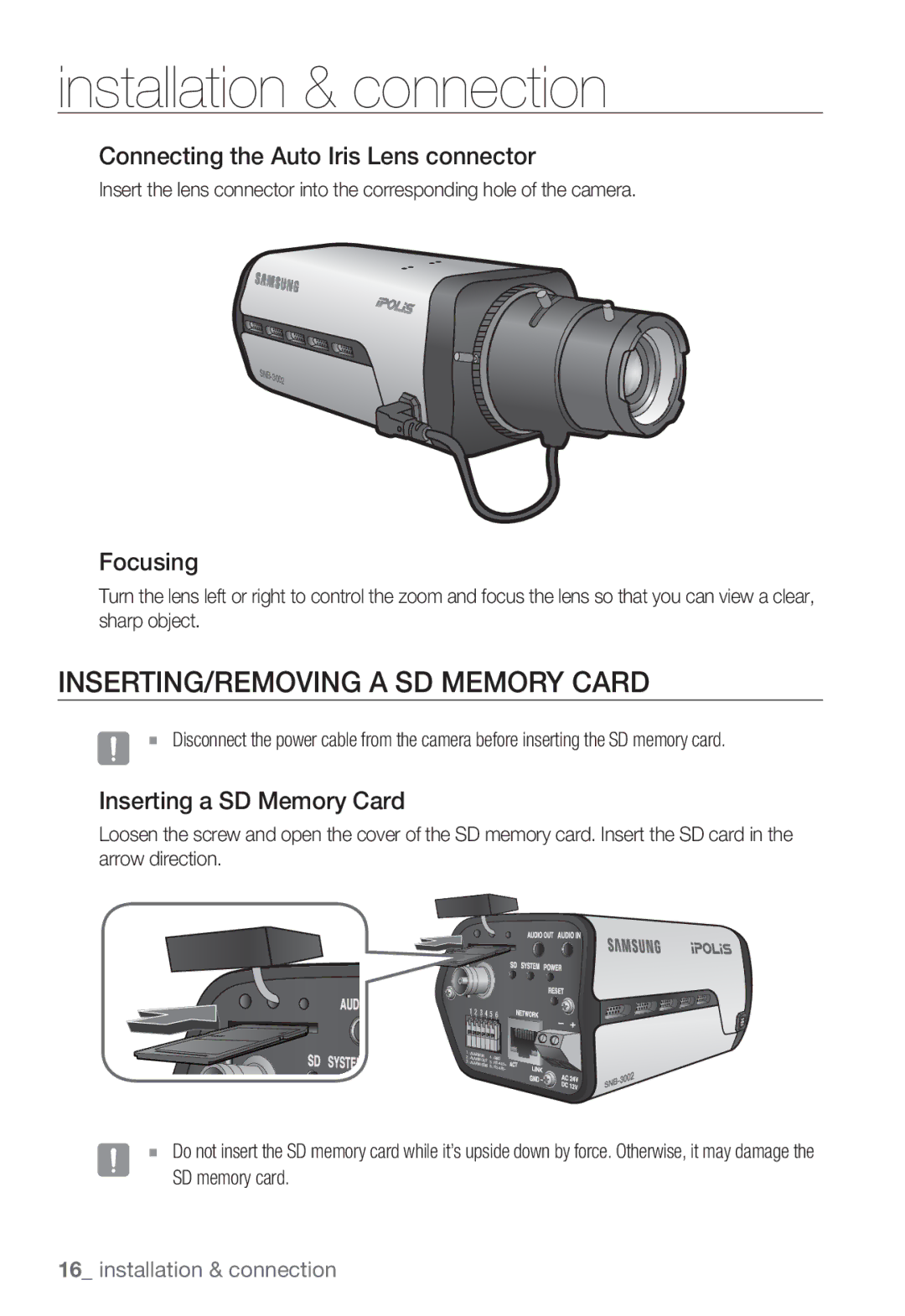 Samsung SNB-3002 user manual INSERTING/REMOVING a SD Memory Card, Connecting the Auto Iris Lens connector, Focusing 