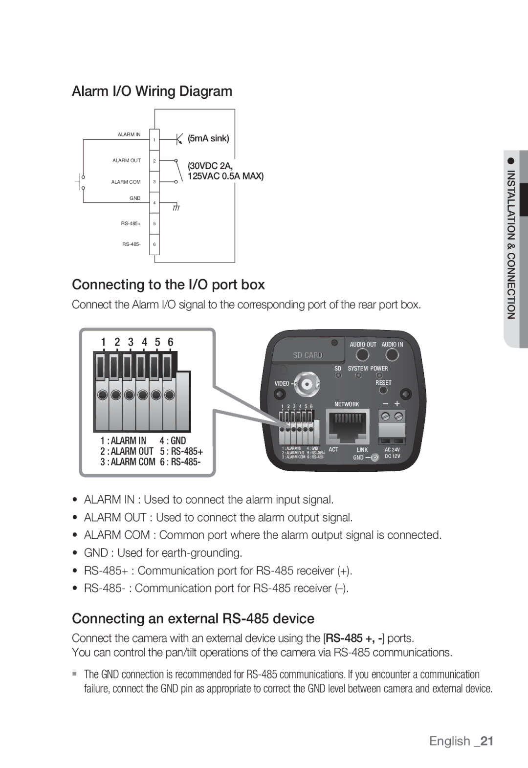 Samsung SNB-3002 user manual Alarm I/O Wiring Diagram, Connecting to the I/O port box, Connecting an external RS-485 device 