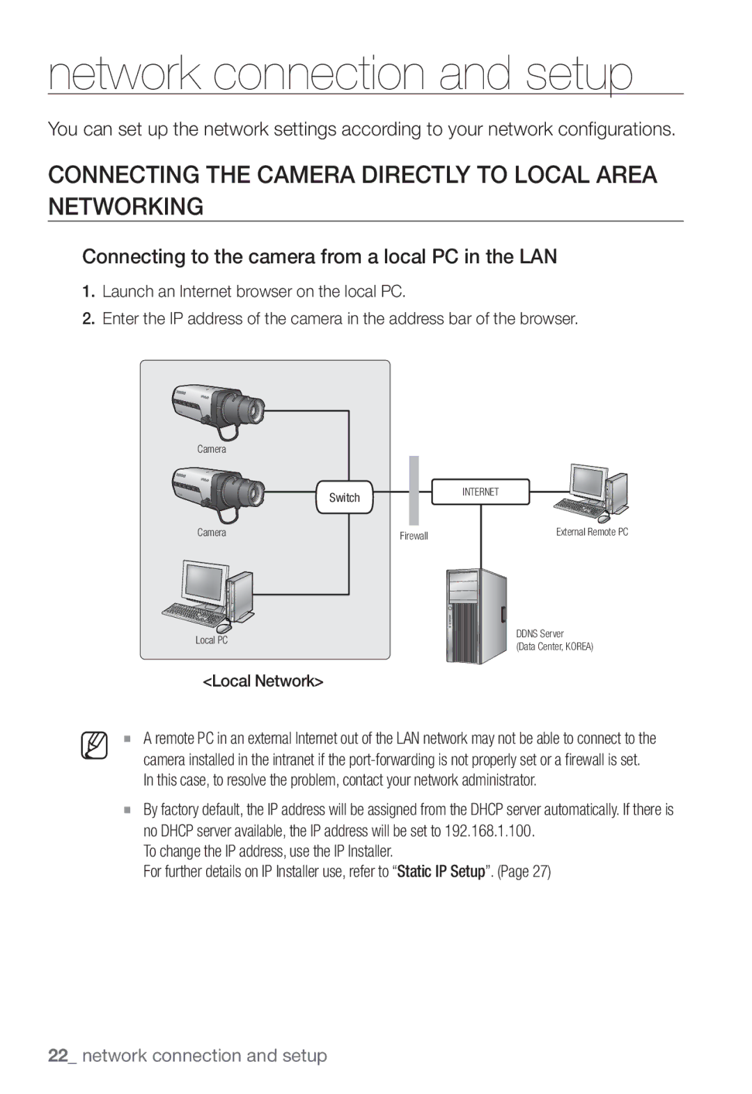 Samsung SNB-3002 user manual Connecting the Camera Directly to Local Area Networking, Local Network 