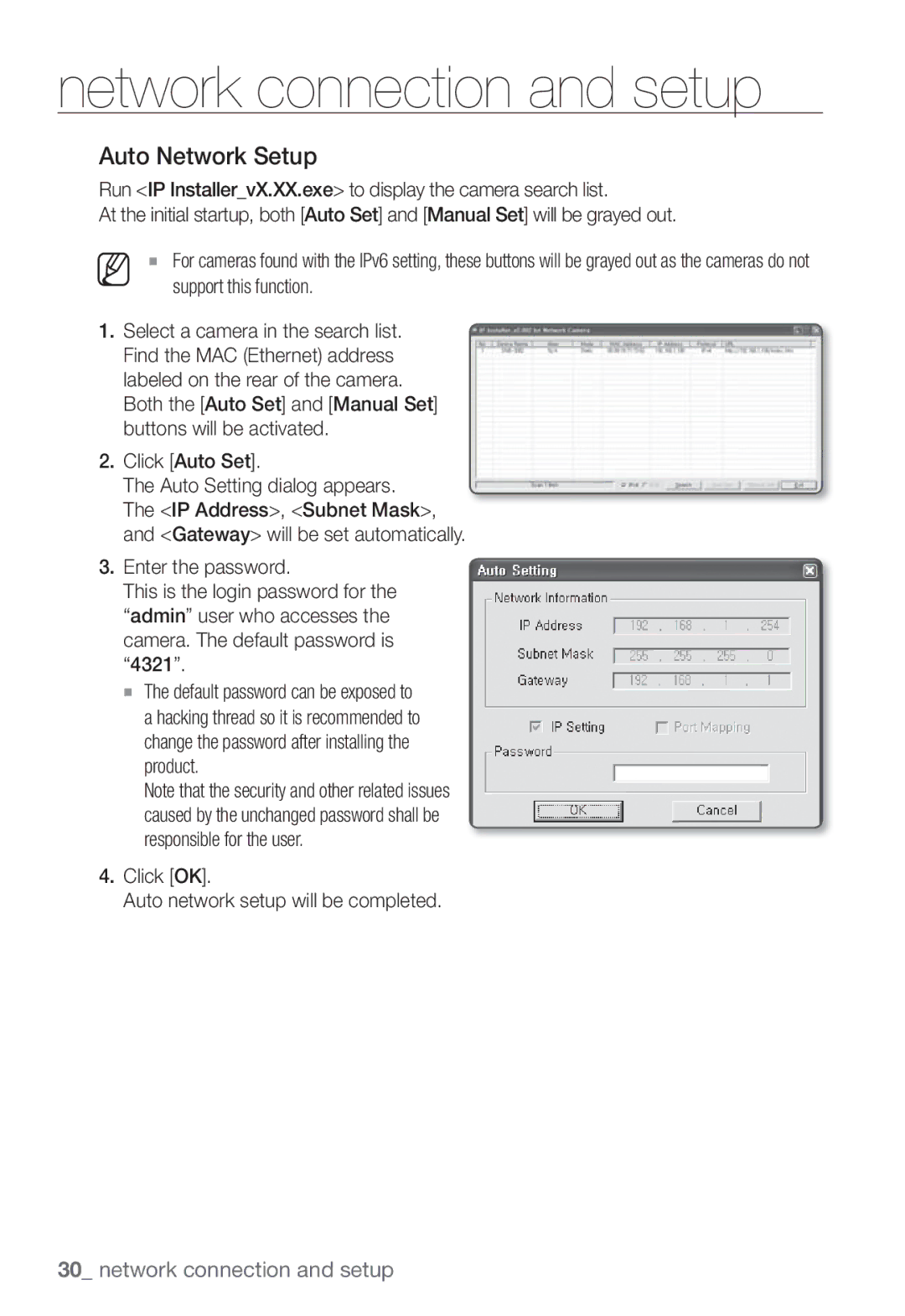 Samsung SNB-3002 user manual Auto Network Setup, Click OK Auto network setup will be completed 