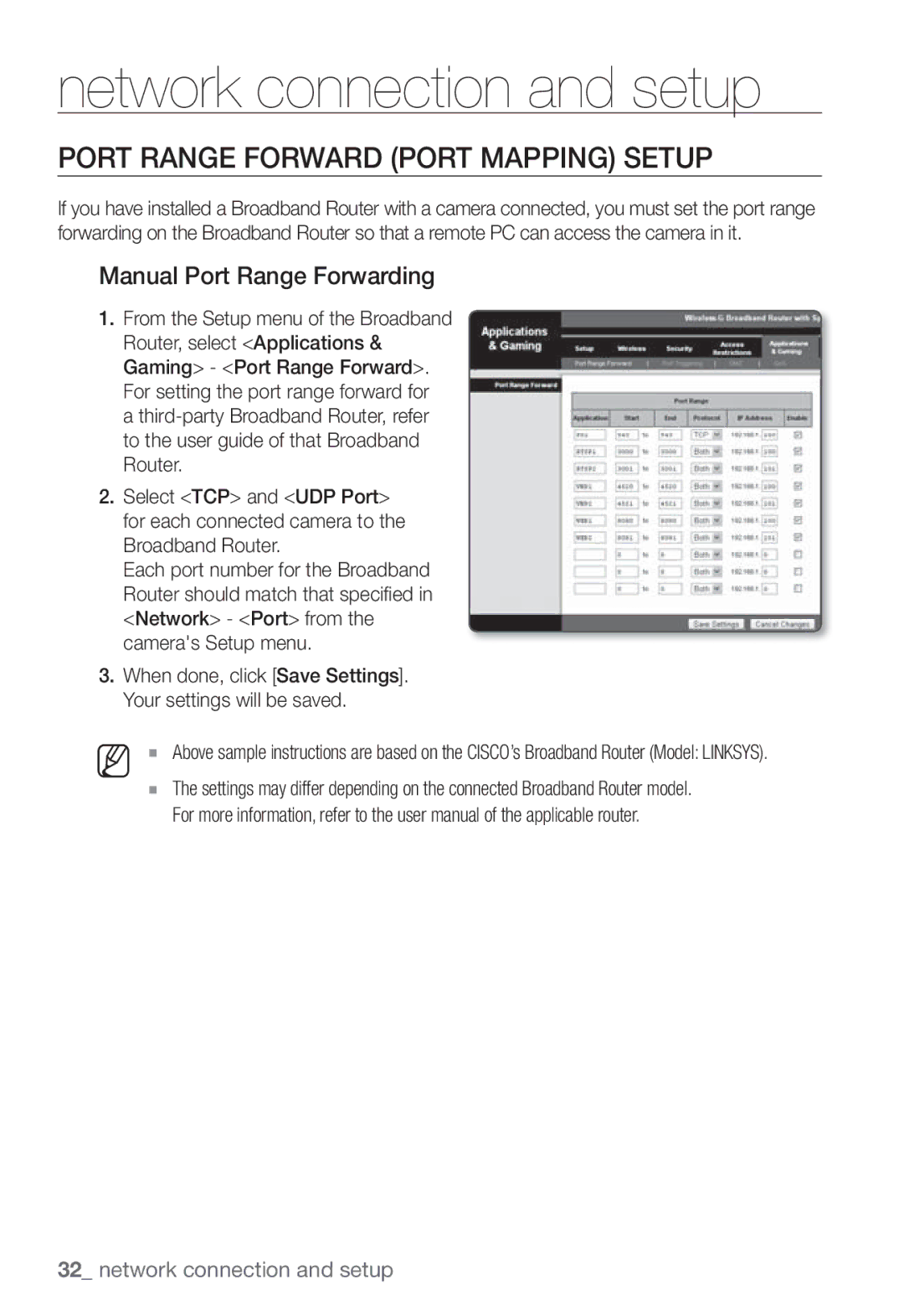 Samsung SNB-3002 user manual Port Range Forward Port Mapping Setup, Manual Port Range Forwarding 