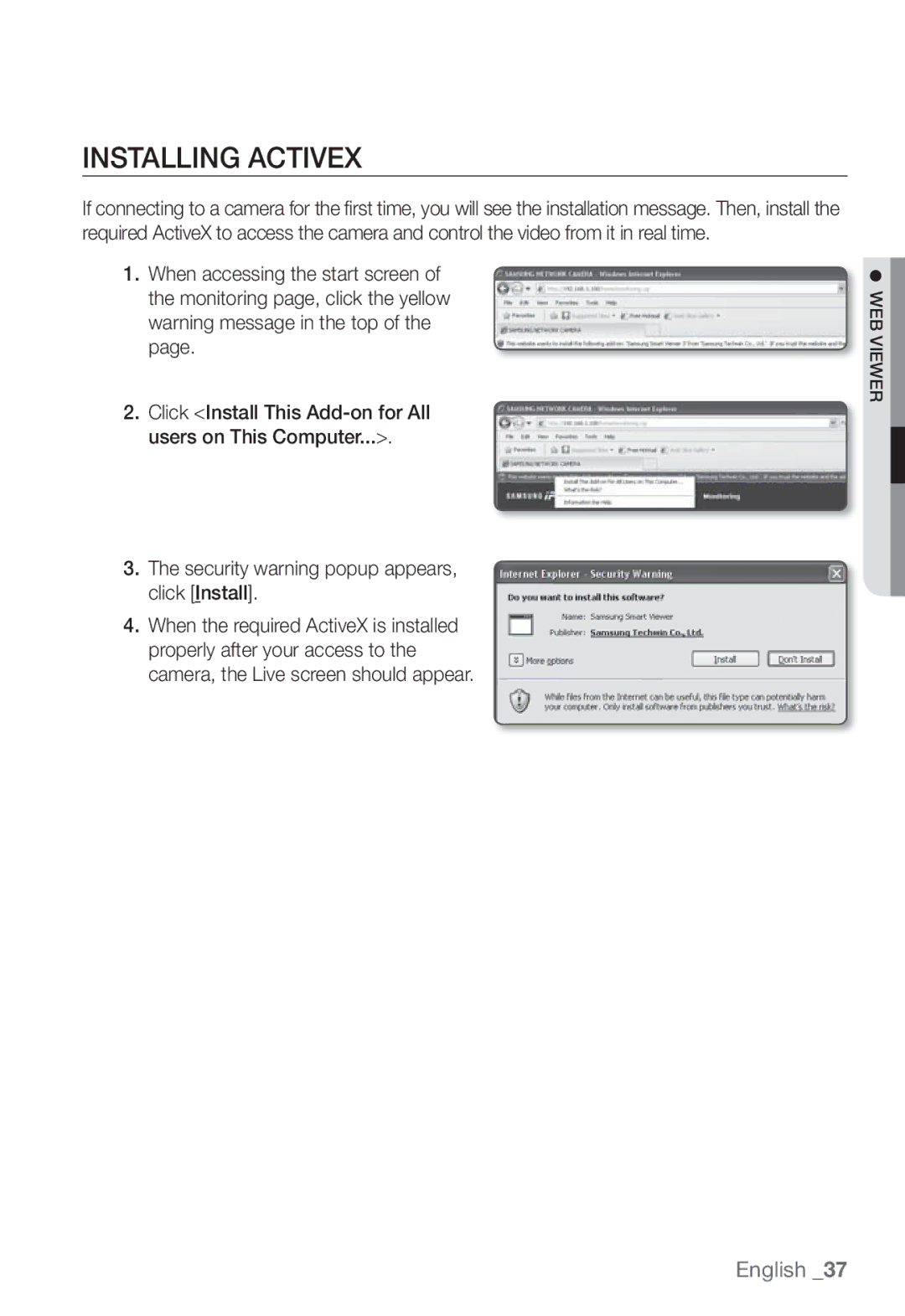 Samsung SNB-3002 user manual Installing Activex 