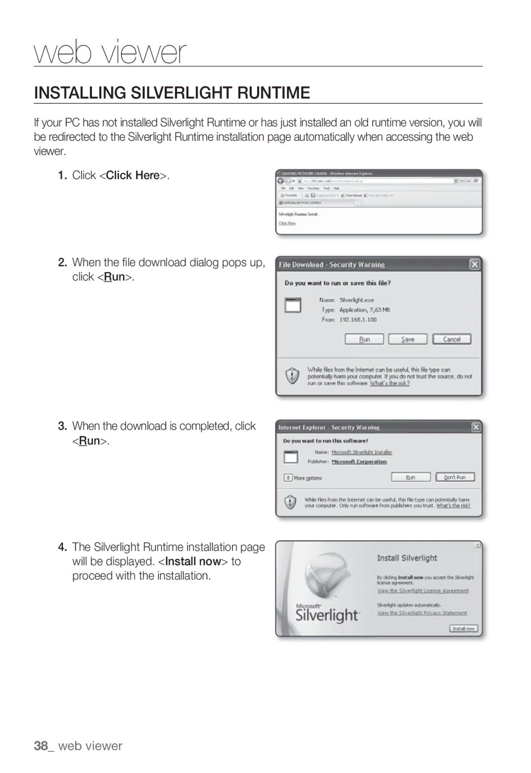 Samsung SNB-3002 user manual Installing Silverlight Runtime 