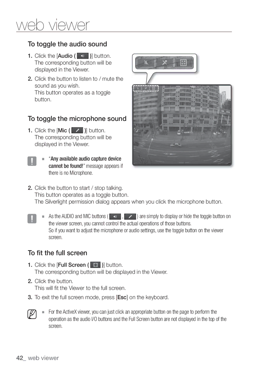 Samsung SNB-3002 user manual To toggle the audio sound, To toggle the microphone sound, To fit the full screen 