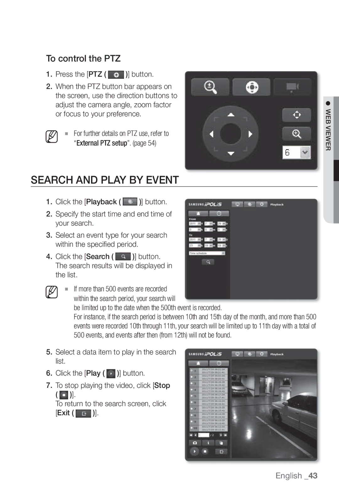 Samsung SNB-3002 Search and Play by Event, To control the PTZ, Be limited up to the date when the 500th event is recorded 