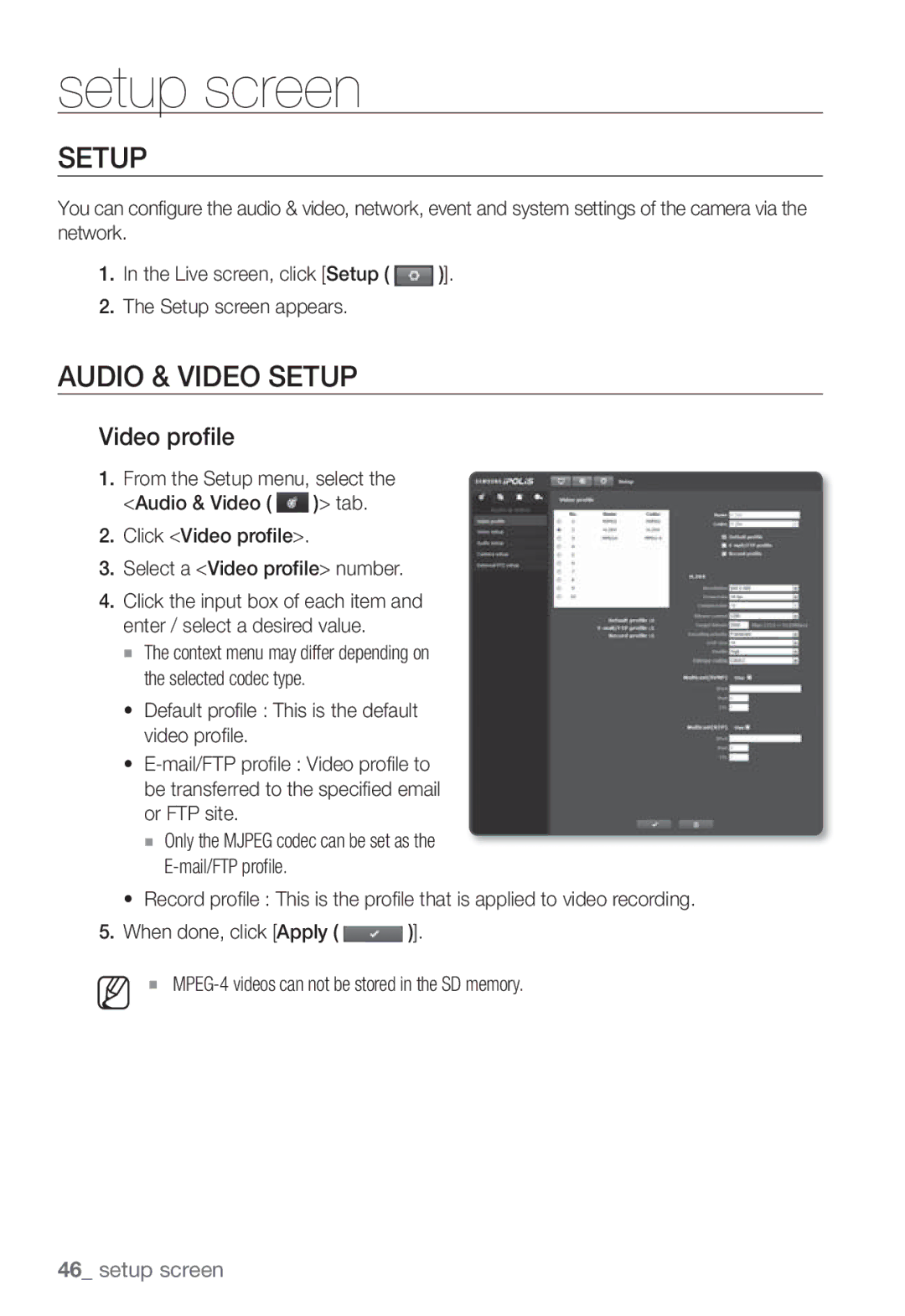 Samsung SNB-3002 user manual Audio & Video Setup, Video profile 