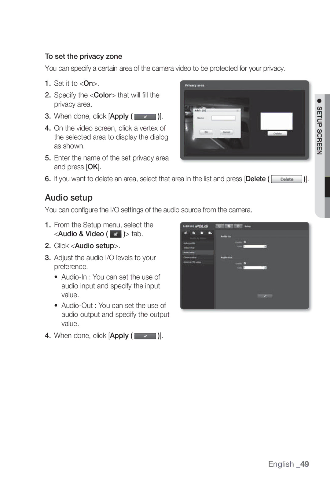 Samsung SNB-3002 user manual Audio setup, To set the privacy zone 