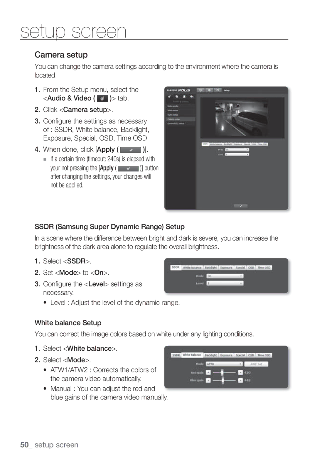 Samsung SNB-3002 user manual Camera setup, Ssdr Samsung Super Dynamic Range Setup 