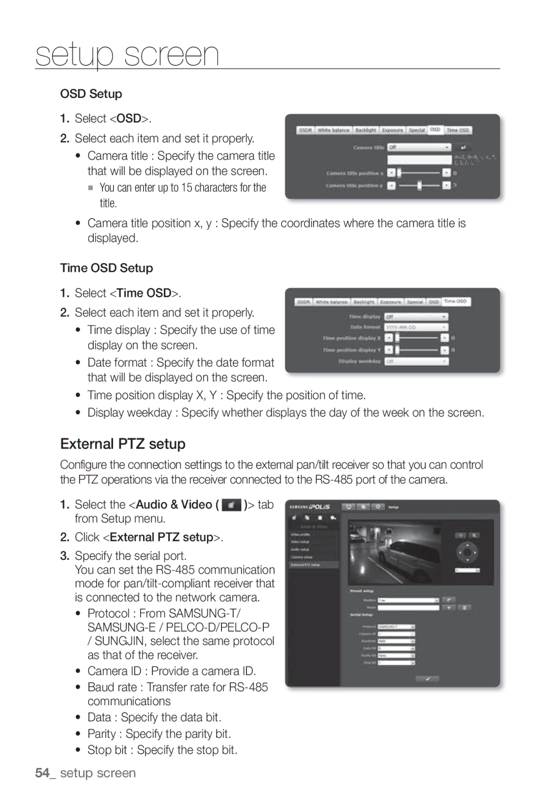 Samsung SNB-3002 user manual External PTZ setup, OSD Setup Select OSD Select each item and set it properly 