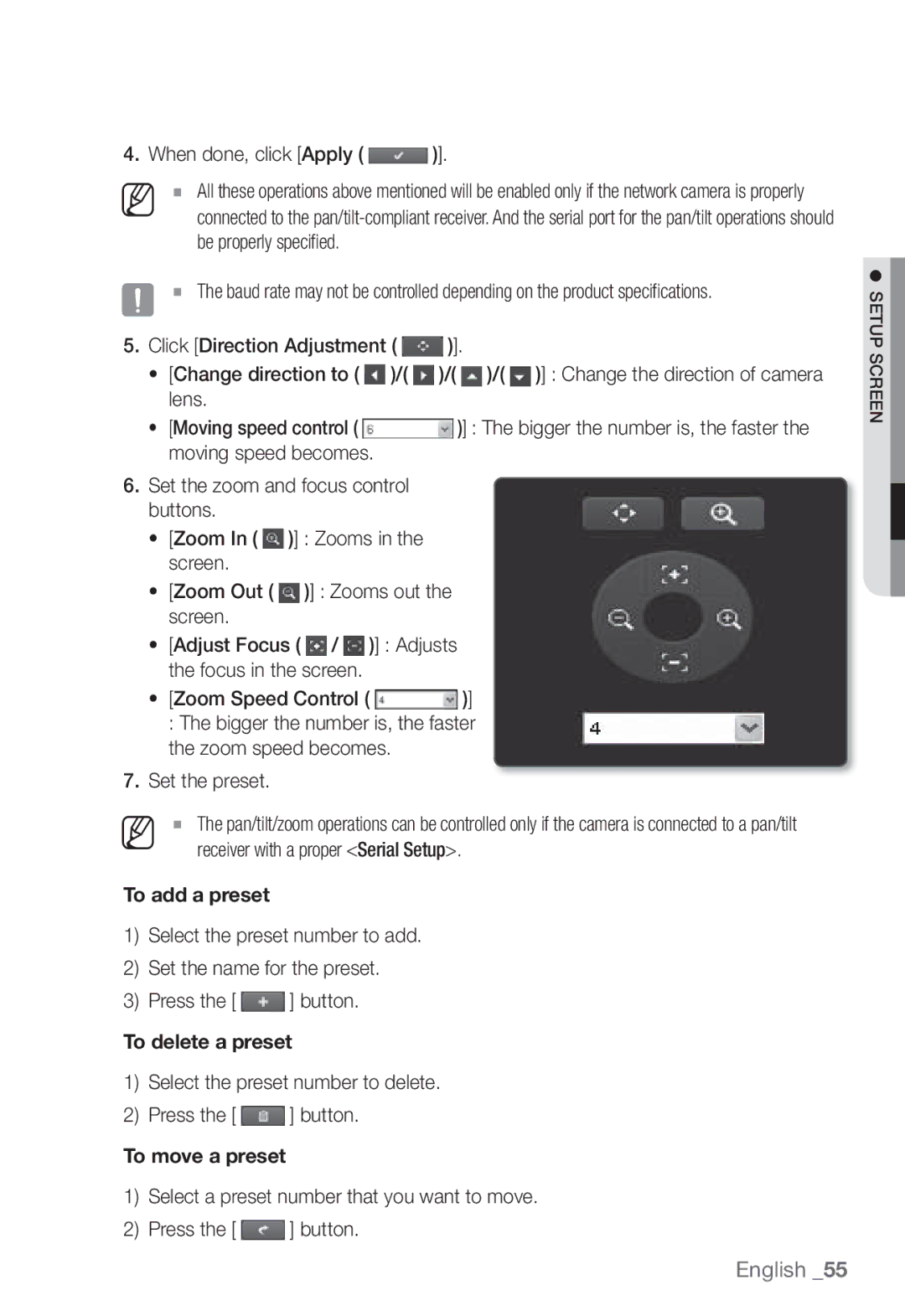 Samsung SNB-3002 user manual When done, click Apply, Select the preset number to delete Press the button 