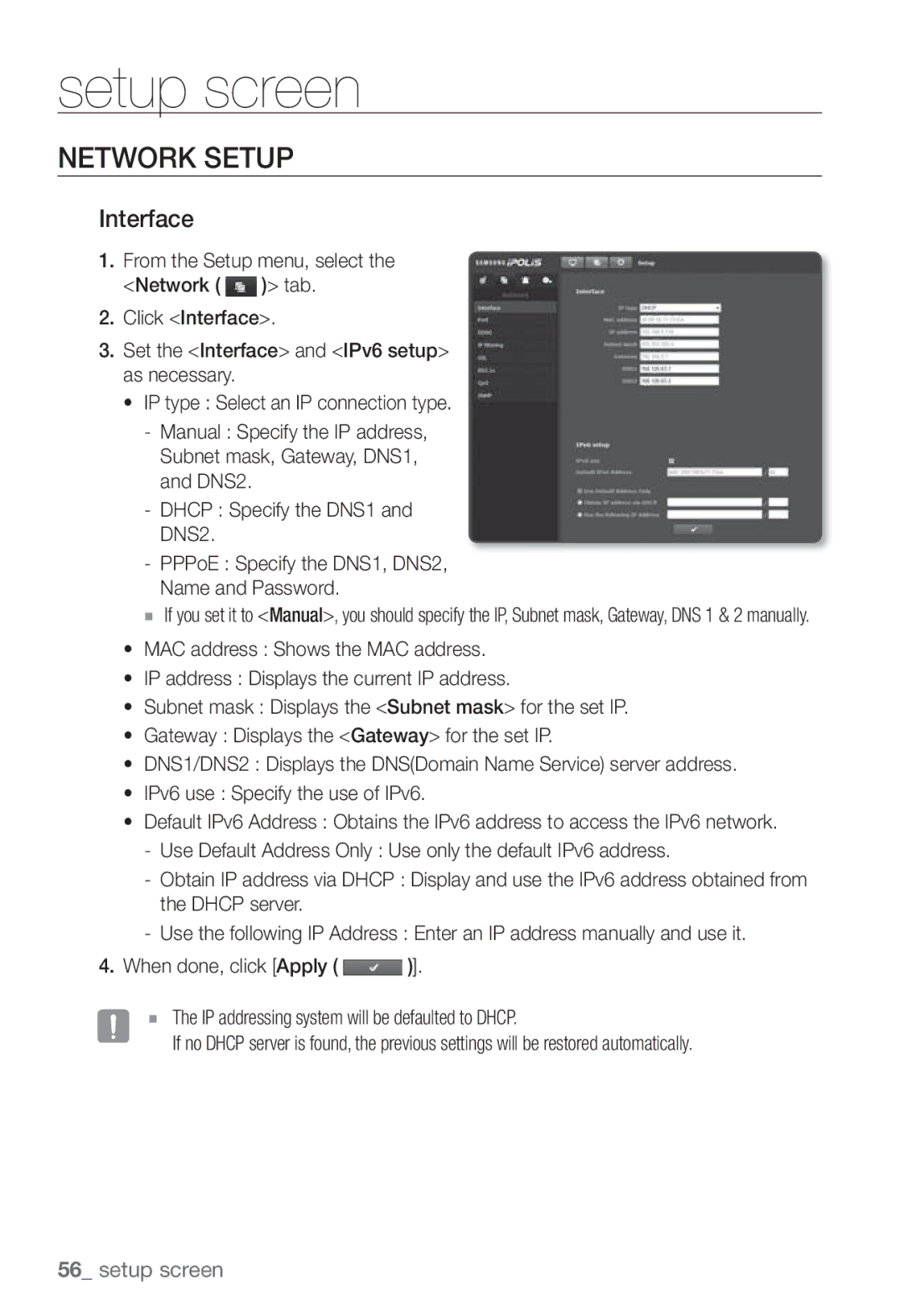 Samsung SNB-3002 user manual Network Setup, Interface 