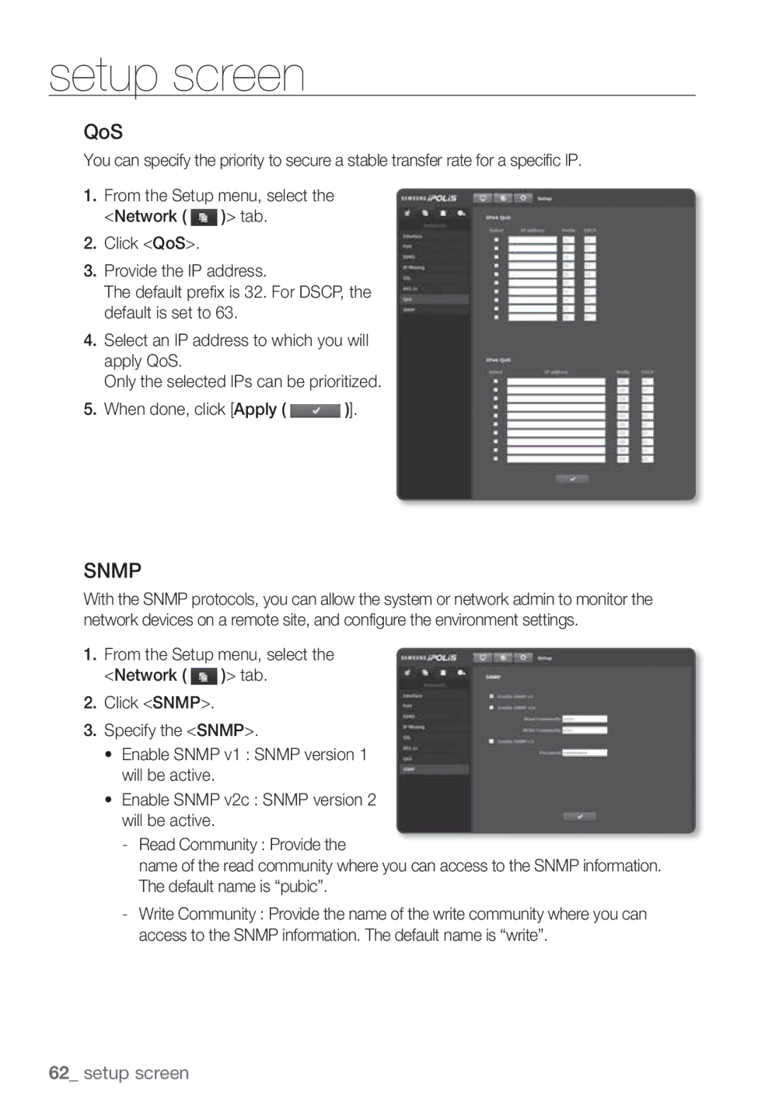 Samsung SNB-3002 user manual QoS, Snmp 