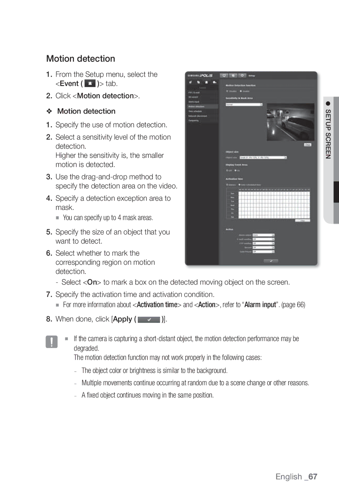 Samsung SNB-3002 user manual Motion detection, Object color or brightness is similar to the background 