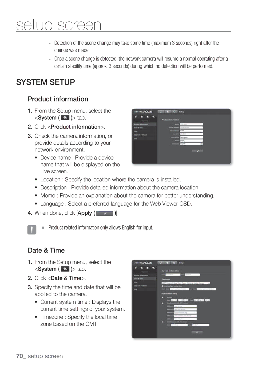 Samsung SNB-3002 System Setup, Product information, Date & Time, Timezone Specify the local time zone based on the GMT 