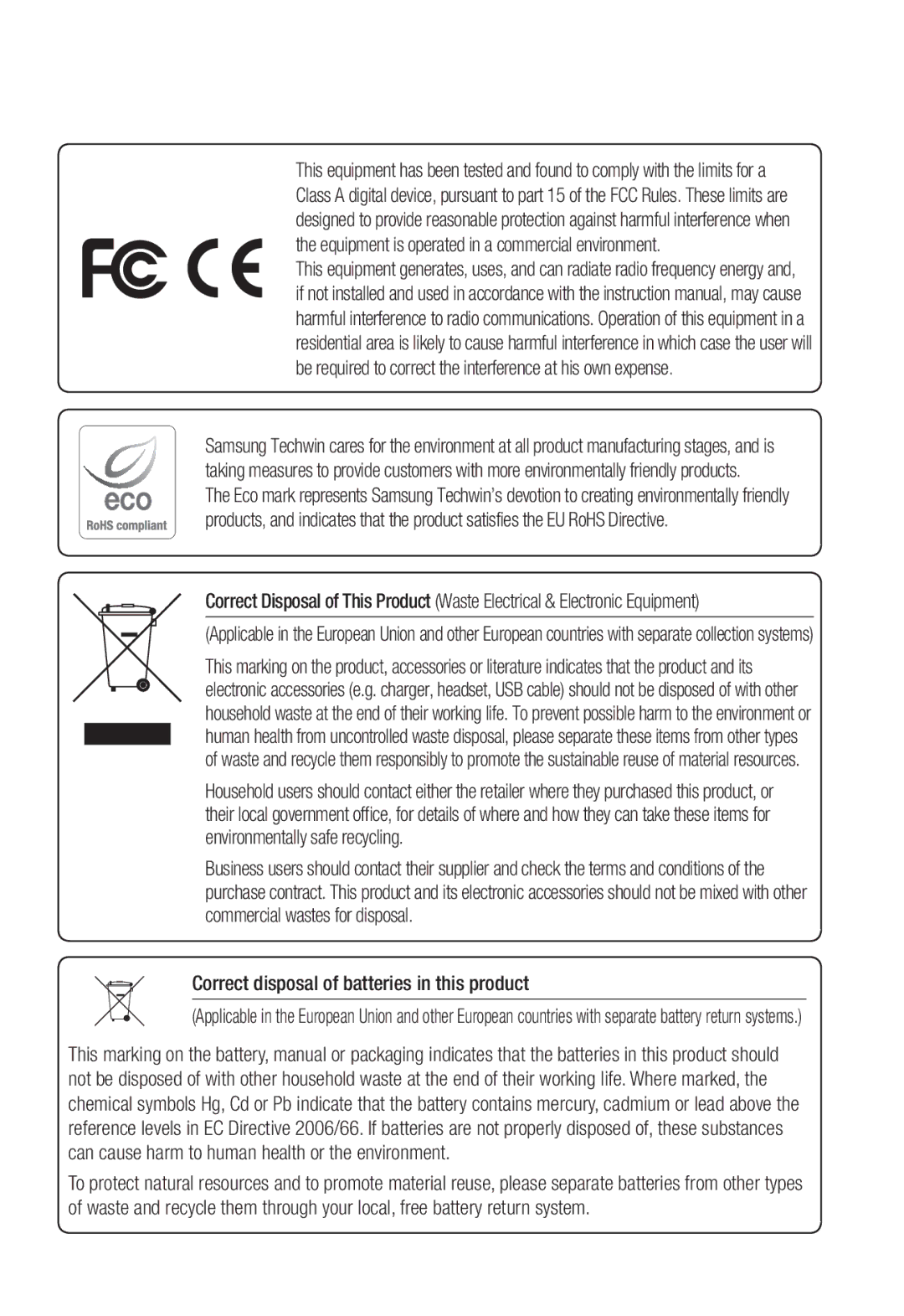 Samsung SNB-3002 user manual Correct disposal of batteries in this product 