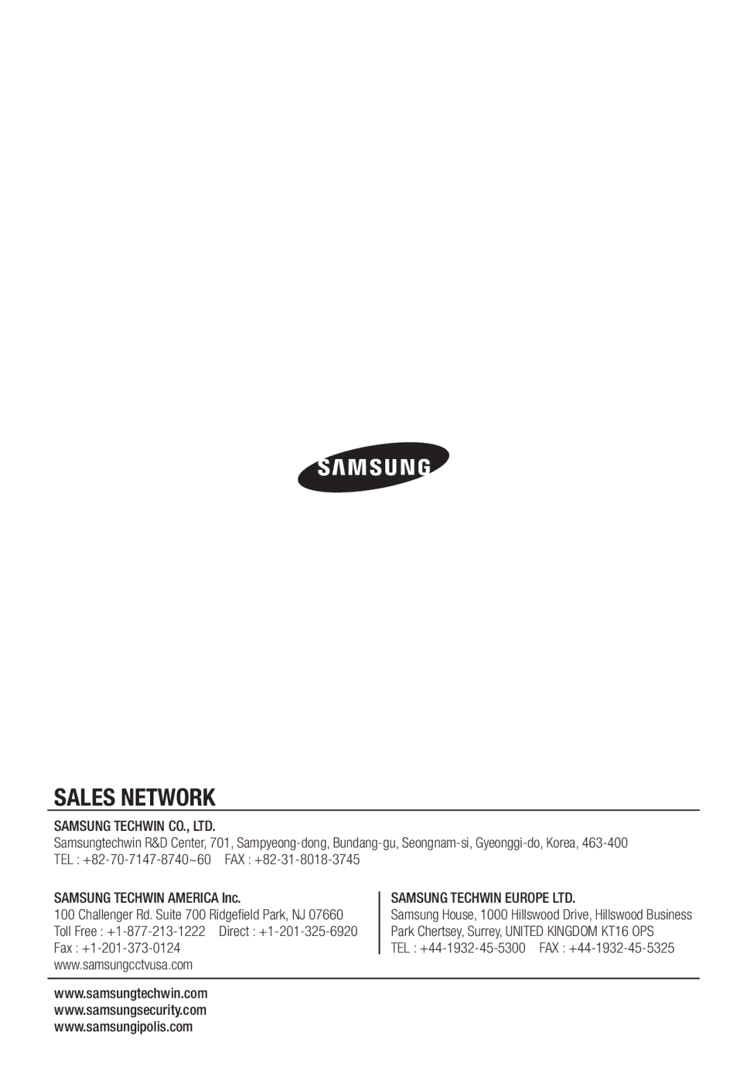 Samsung SNB-3002 user manual Sales Network, Toll Free +1-877-213-1222 Direct +1-201-325-6920 